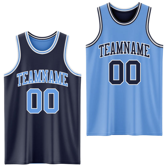 Custom Navy Light Blue-White Reversible Double Side Sublimation Basketball Set Jersey - Main View