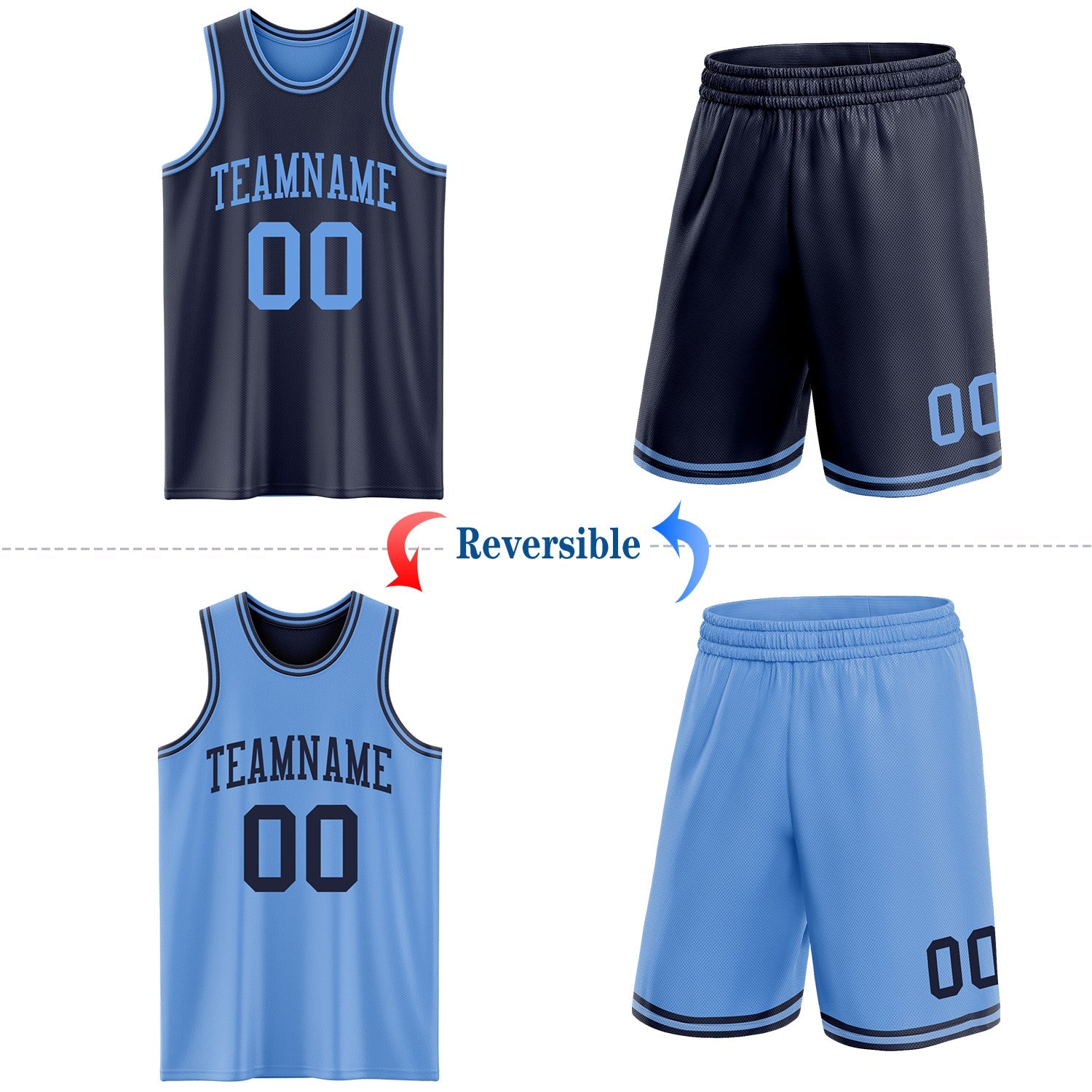 Custom Navy Light Blue Reversible Double Side Sublimation Basketball Set Jersey view 2
