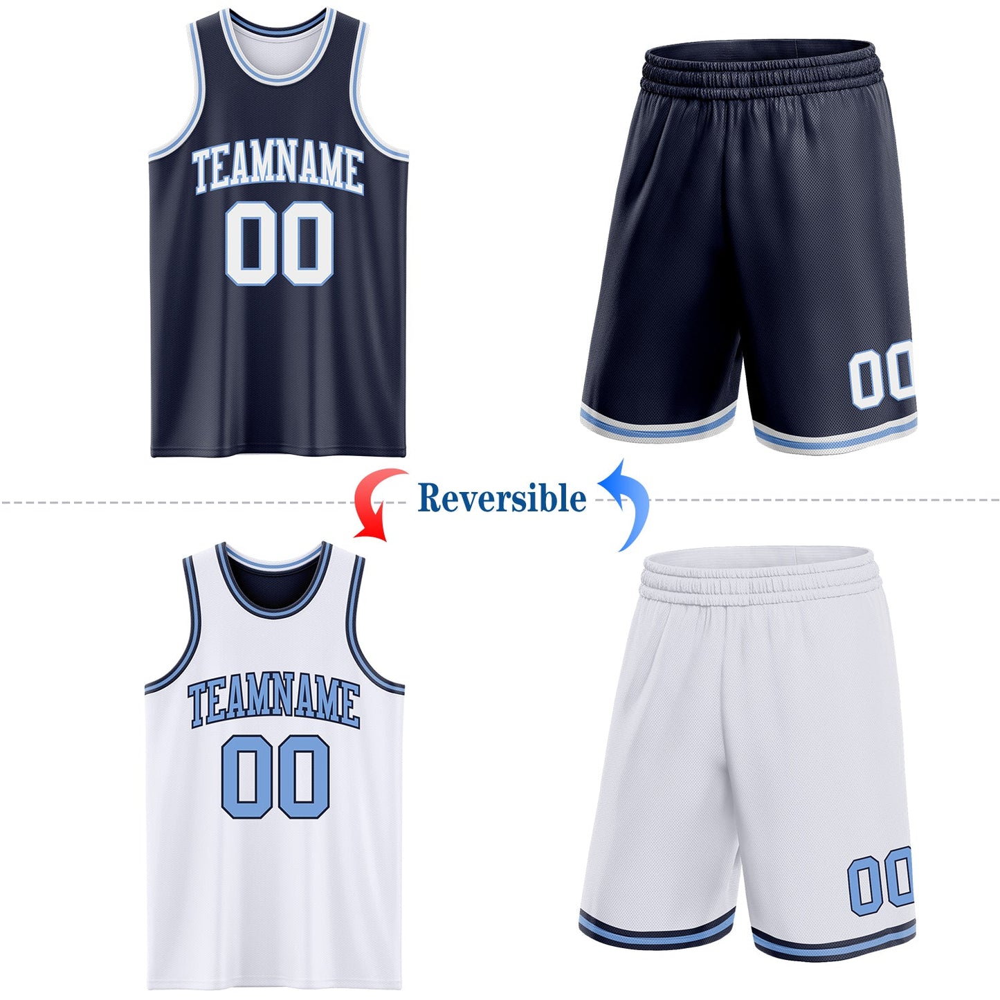 Custom Navy White-Light Blue Reversible Double Side Sublimation Basketball Set Jersey view 2