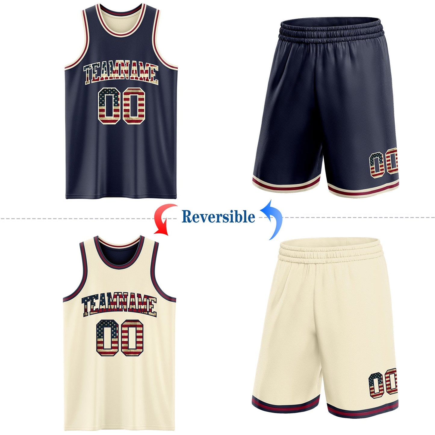 Custom Navy Vintage USA Flag Cream-Maroon Reversible Double Side Sublimation Basketball Set Jersey view 2