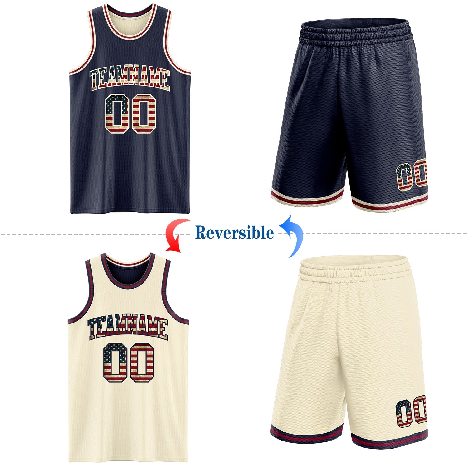 Custom Navy Vintage USA Flag Cream-Maroon Reversible Double Side Sublimation Basketball Set Jersey view 2