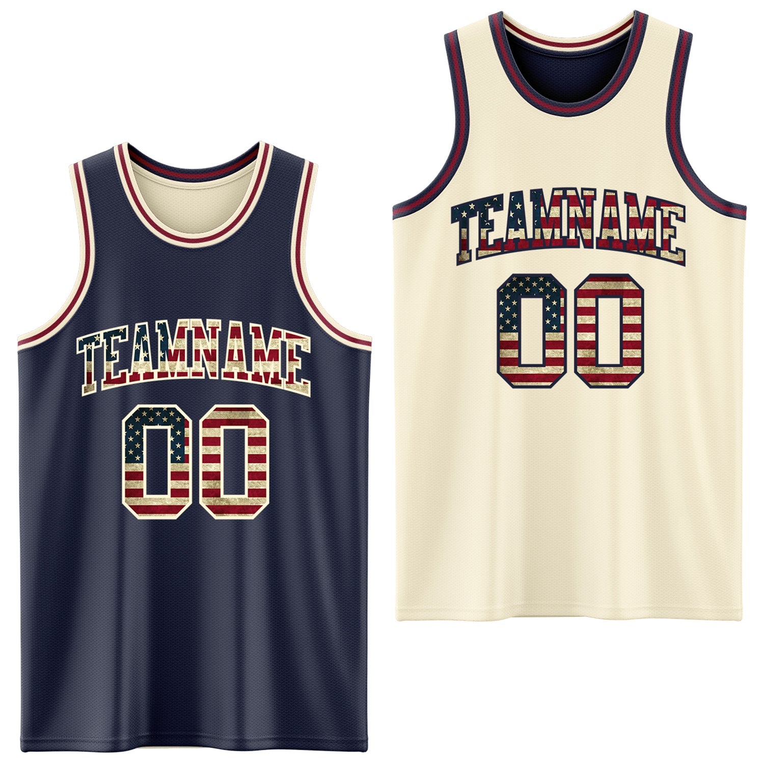 Custom Navy Vintage USA Flag Cream-Maroon Reversible Double Side Sublimation Basketball Set Jersey - Main View