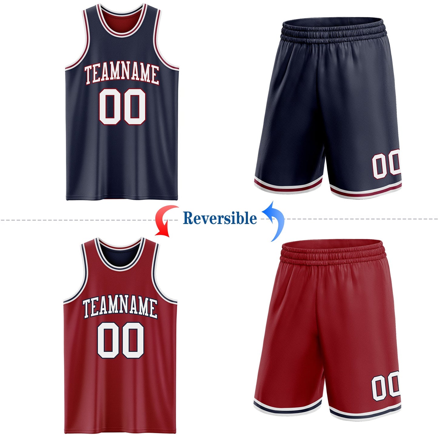 Custom Navy White-Maroon Reversible Double Side Sublimation Basketball Set Jersey view 2