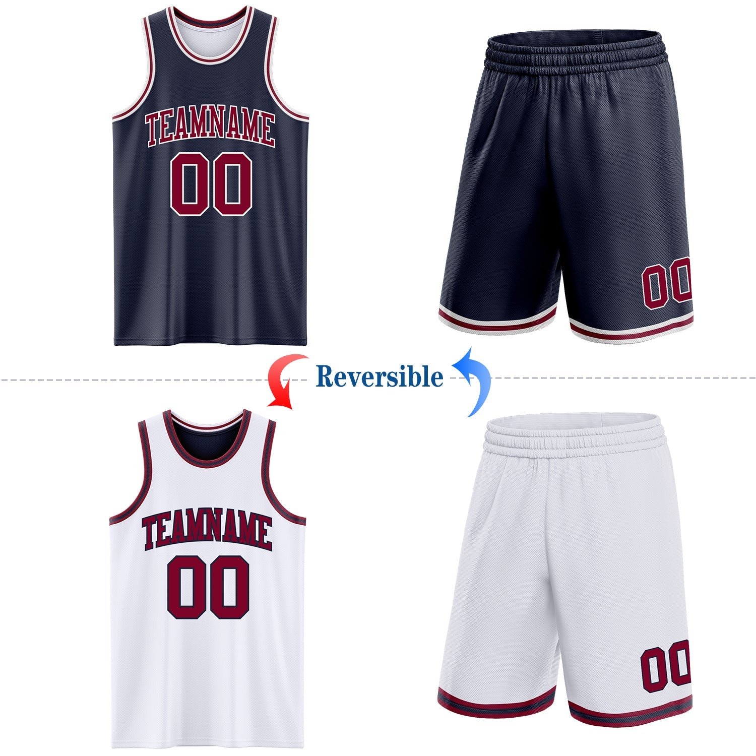 Custom Navy Maroon-White Reversible Double Side Sublimation Basketball Set Jersey view 2