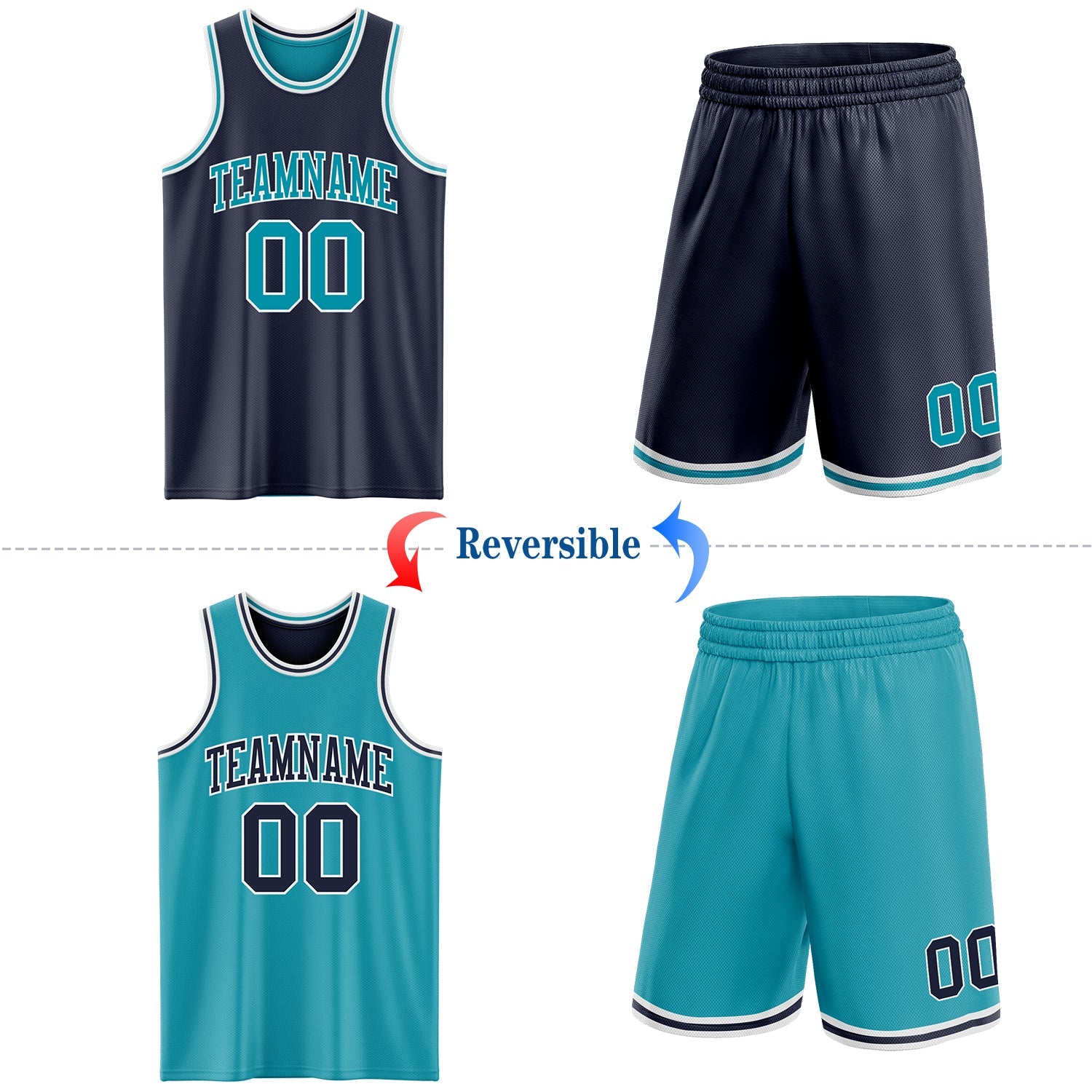 Custom Navy Teal-White Reversible Double Side Sublimation Basketball Set Jersey view 2