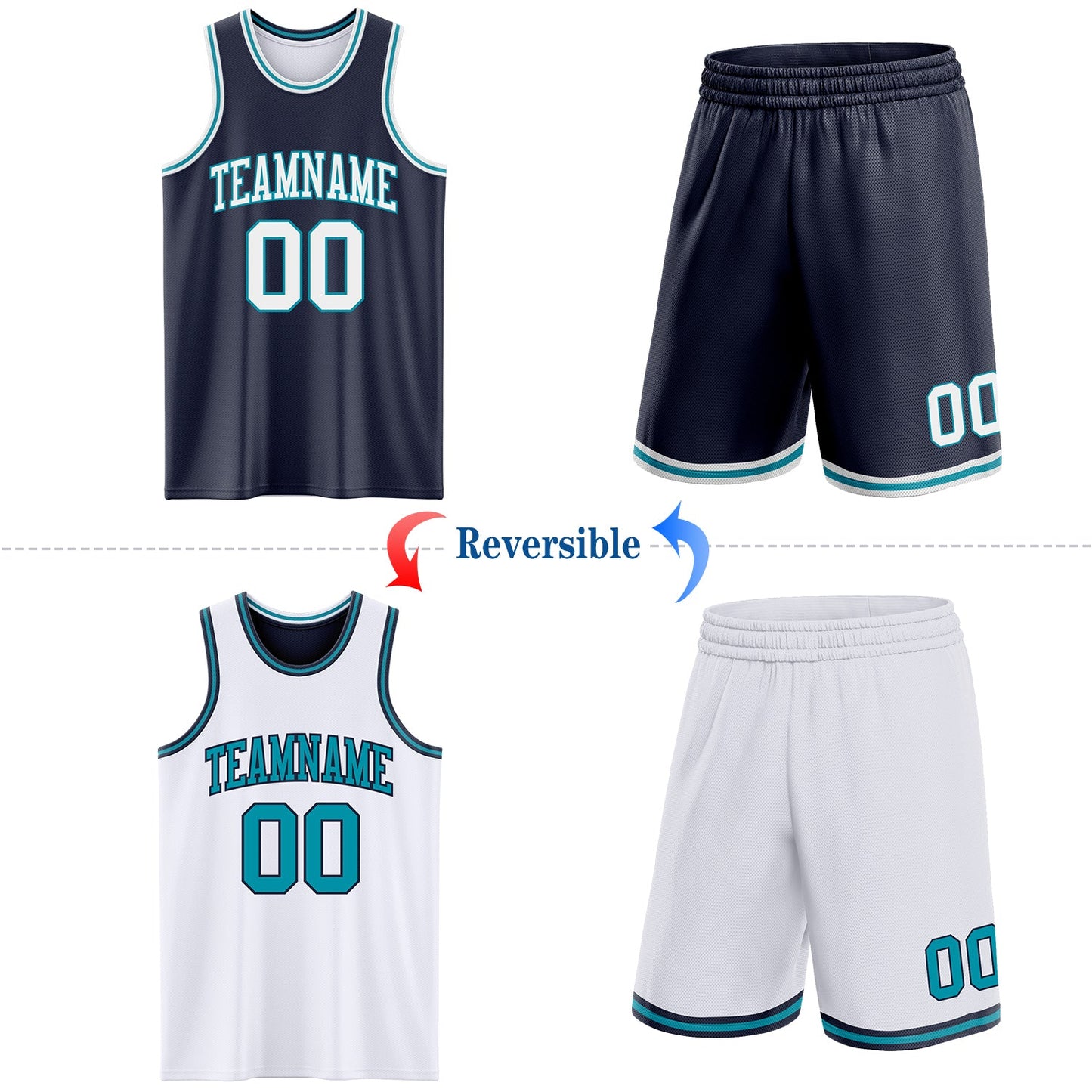 Custom Navy White-Teal Reversible Double Side Sublimation Basketball Set Jersey view 2