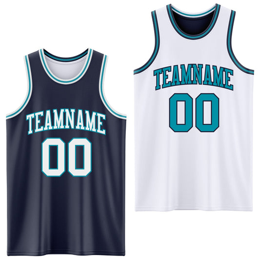 Custom Navy White-Teal Reversible Double Side Sublimation Basketball Set Jersey - Main View
