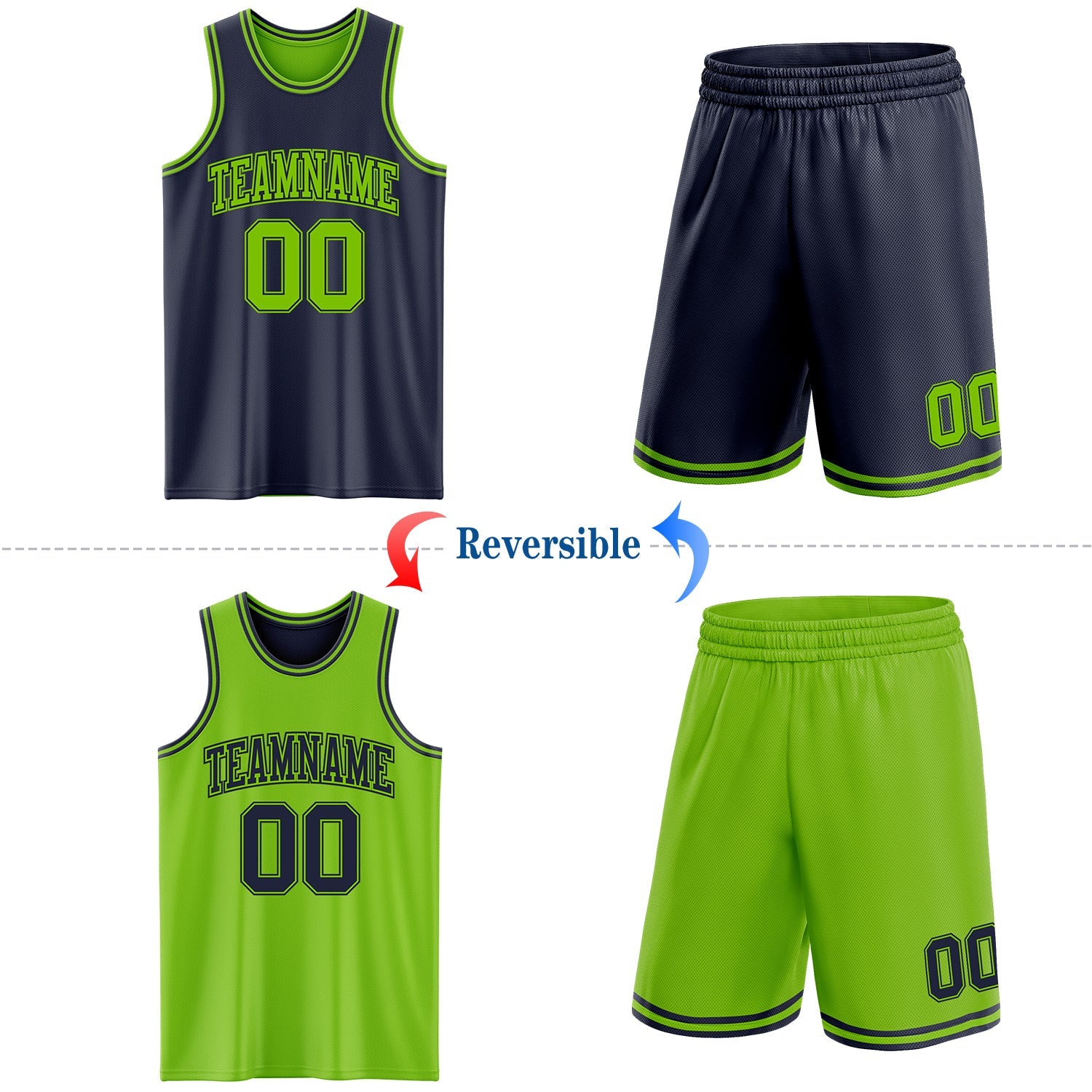 Custom Navy Neon Green Reversible Double Side Sublimation Basketball Set Jersey view 2
