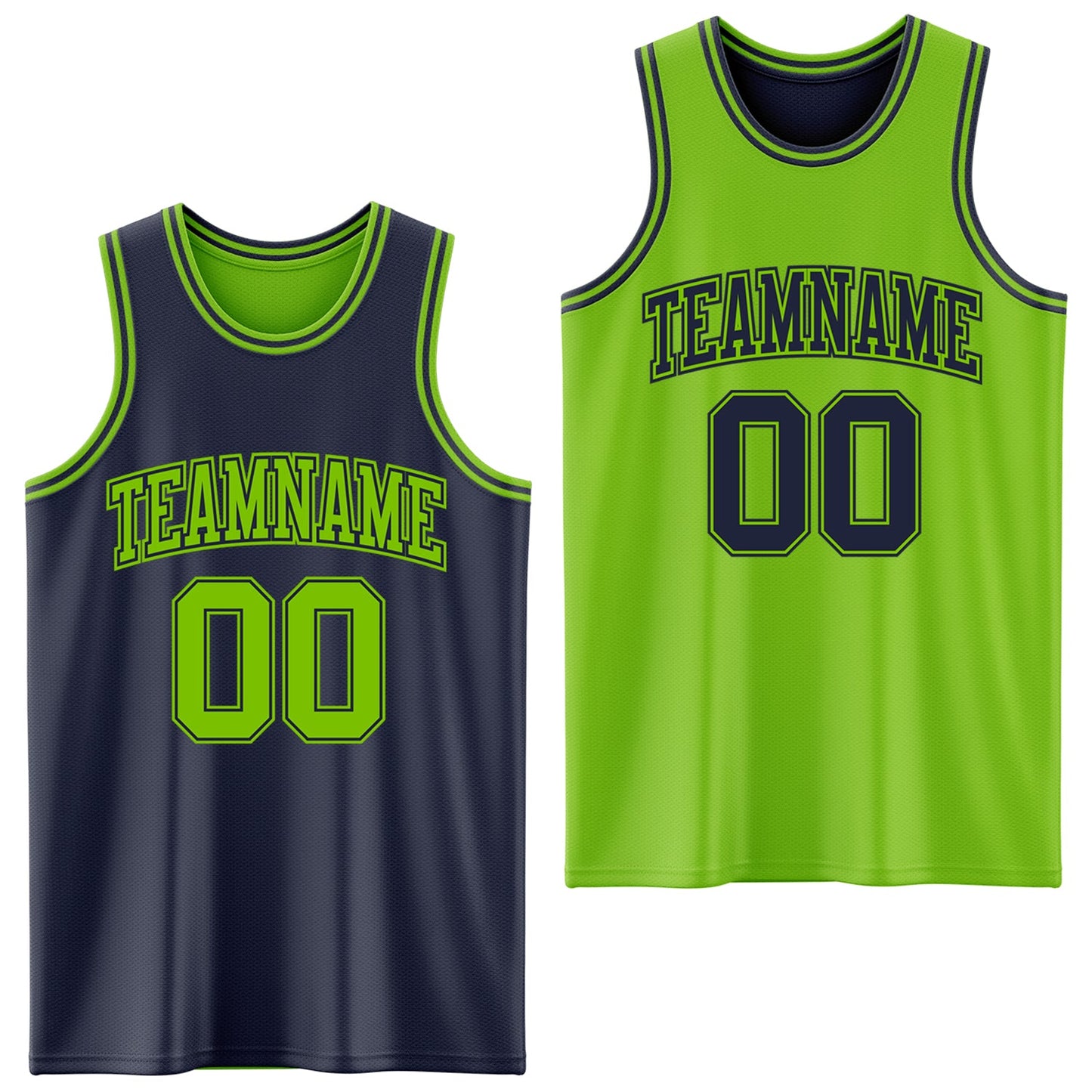 Custom Navy Neon Green Reversible Double Side Sublimation Basketball Set Jersey - Main View