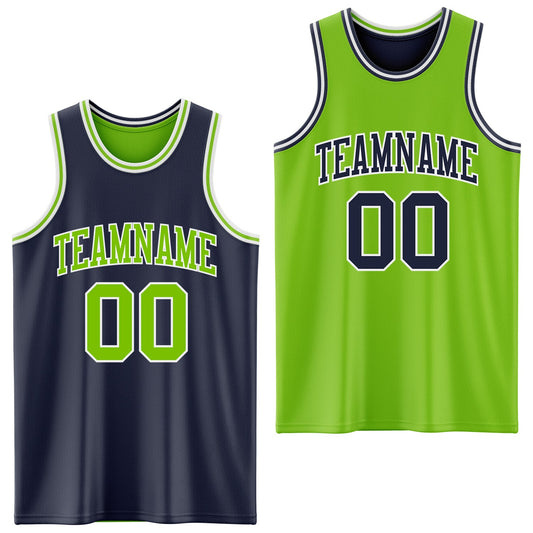 Custom Navy Neon Green-White Reversible Double Side Sublimation Basketball Set Jersey - Main View