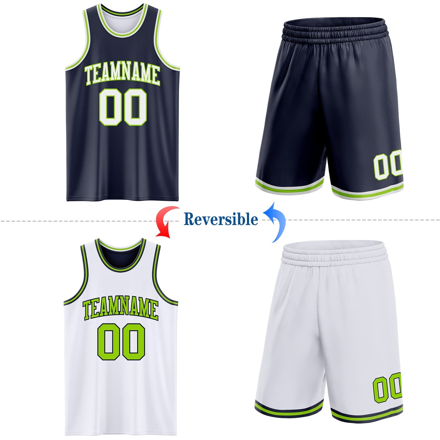 Custom Navy White-Neon Green Reversible Double Side Sublimation Basketball Set Jersey view 2