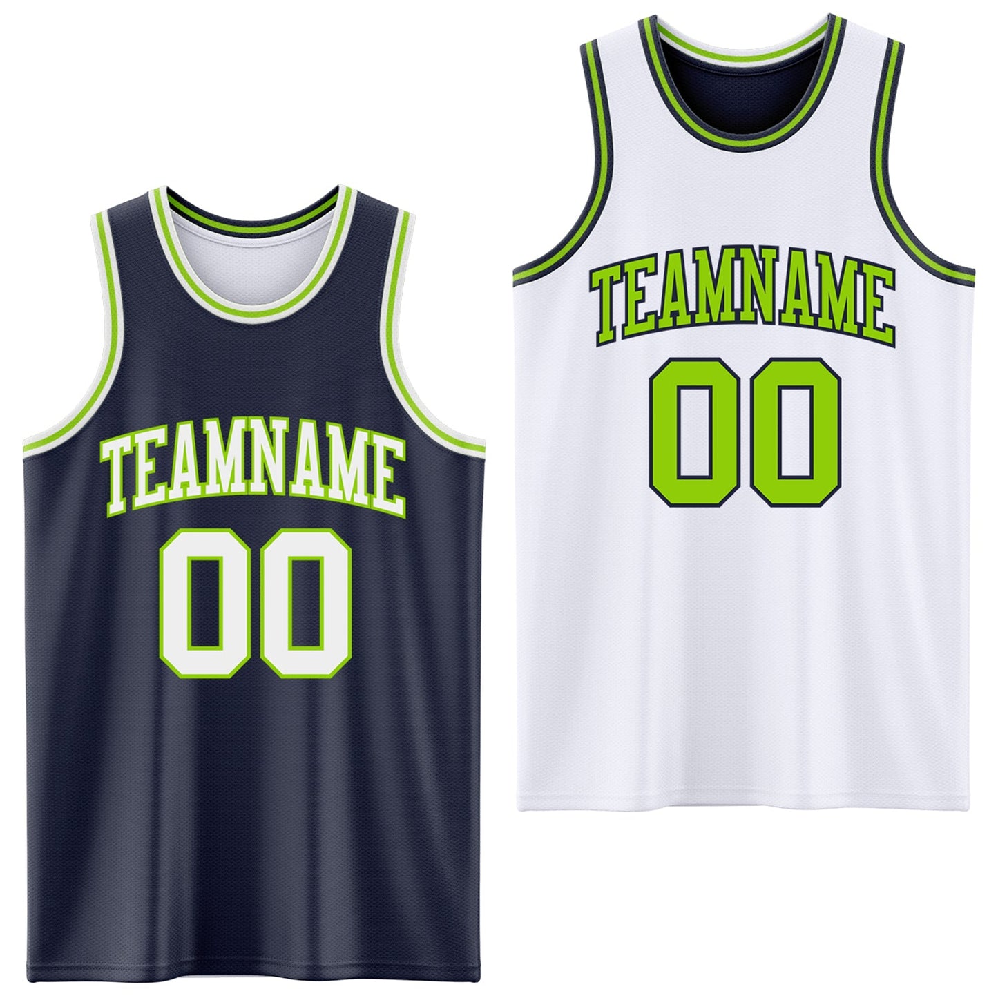 Custom Navy White-Neon Green Reversible Double Side Sublimation Basketball Set Jersey - Main View