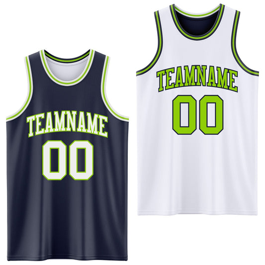 Custom Navy White-Neon Green Reversible Double Side Sublimation Basketball Set Jersey - Main View