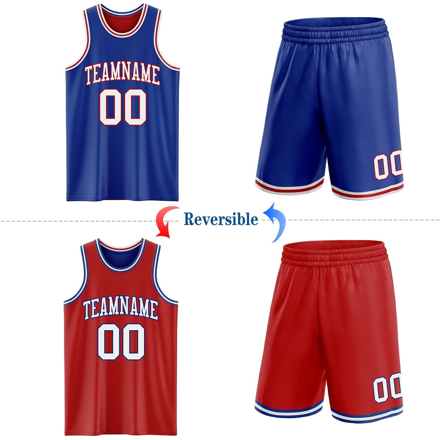 Custom Royal White-Red Reversible Double Side Sublimation Basketball Set Jersey view 2