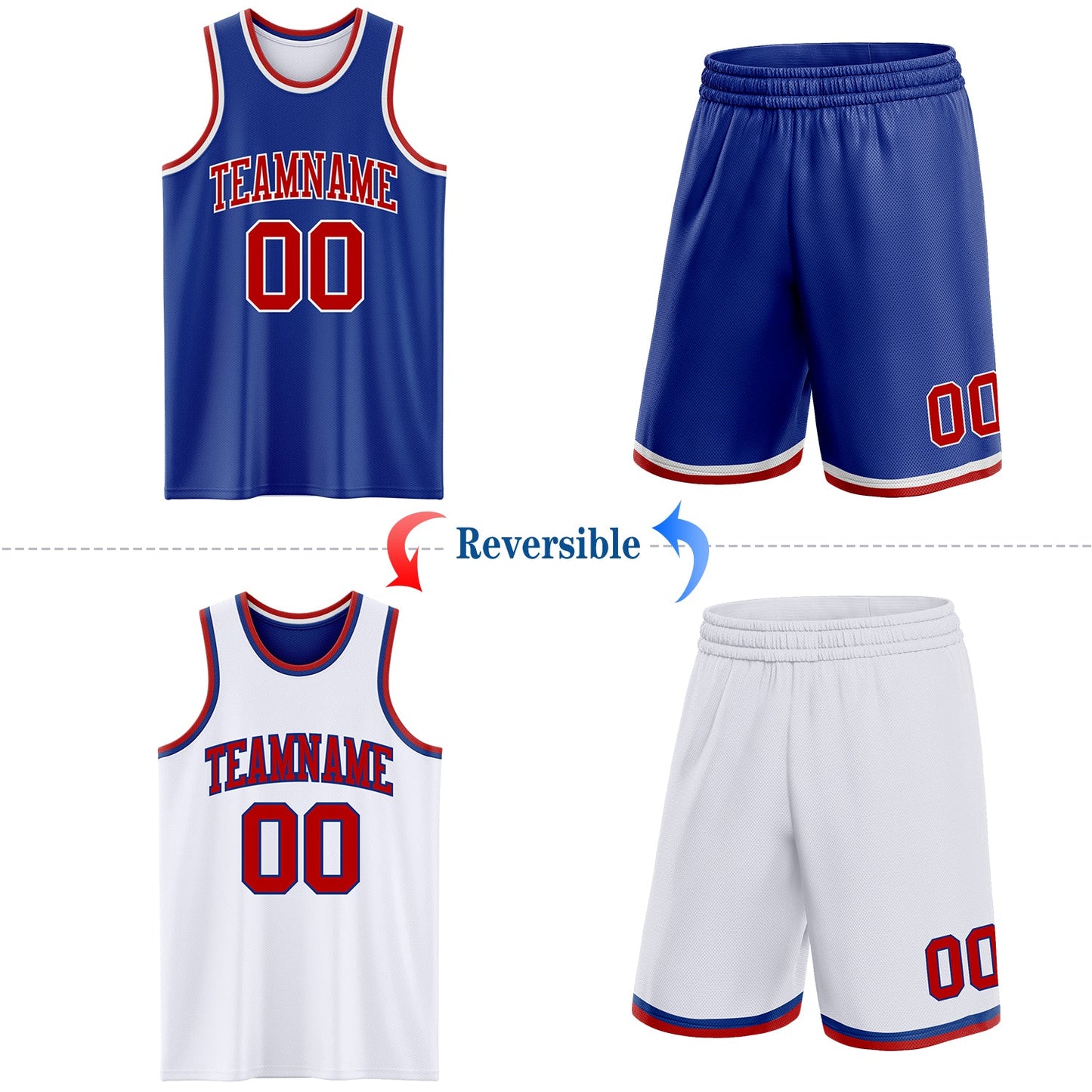 Custom Royal Red-White Reversible Double Side Sublimation Basketball Set Jersey view 2