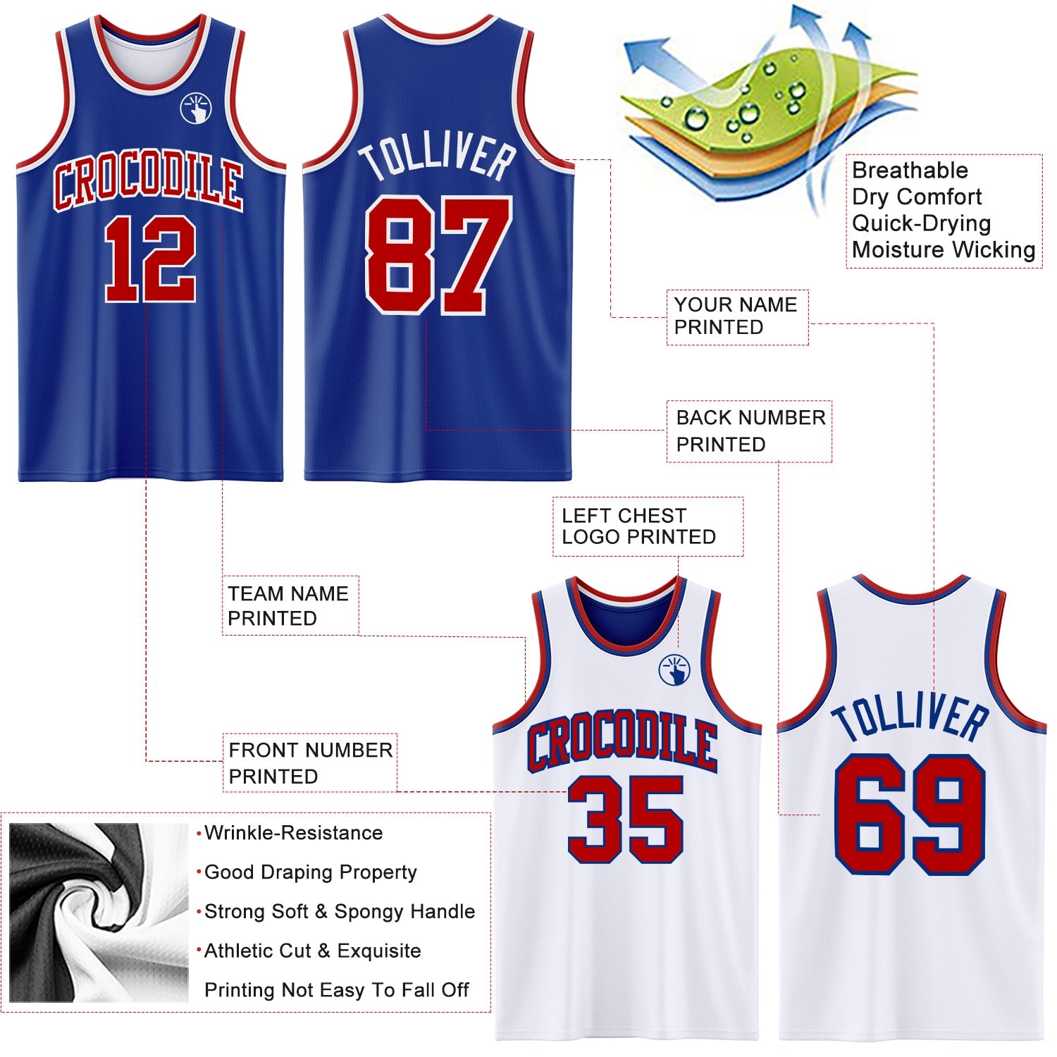 Custom Royal Red-White Reversible Double Side Sublimation Basketball Set Jersey view 5