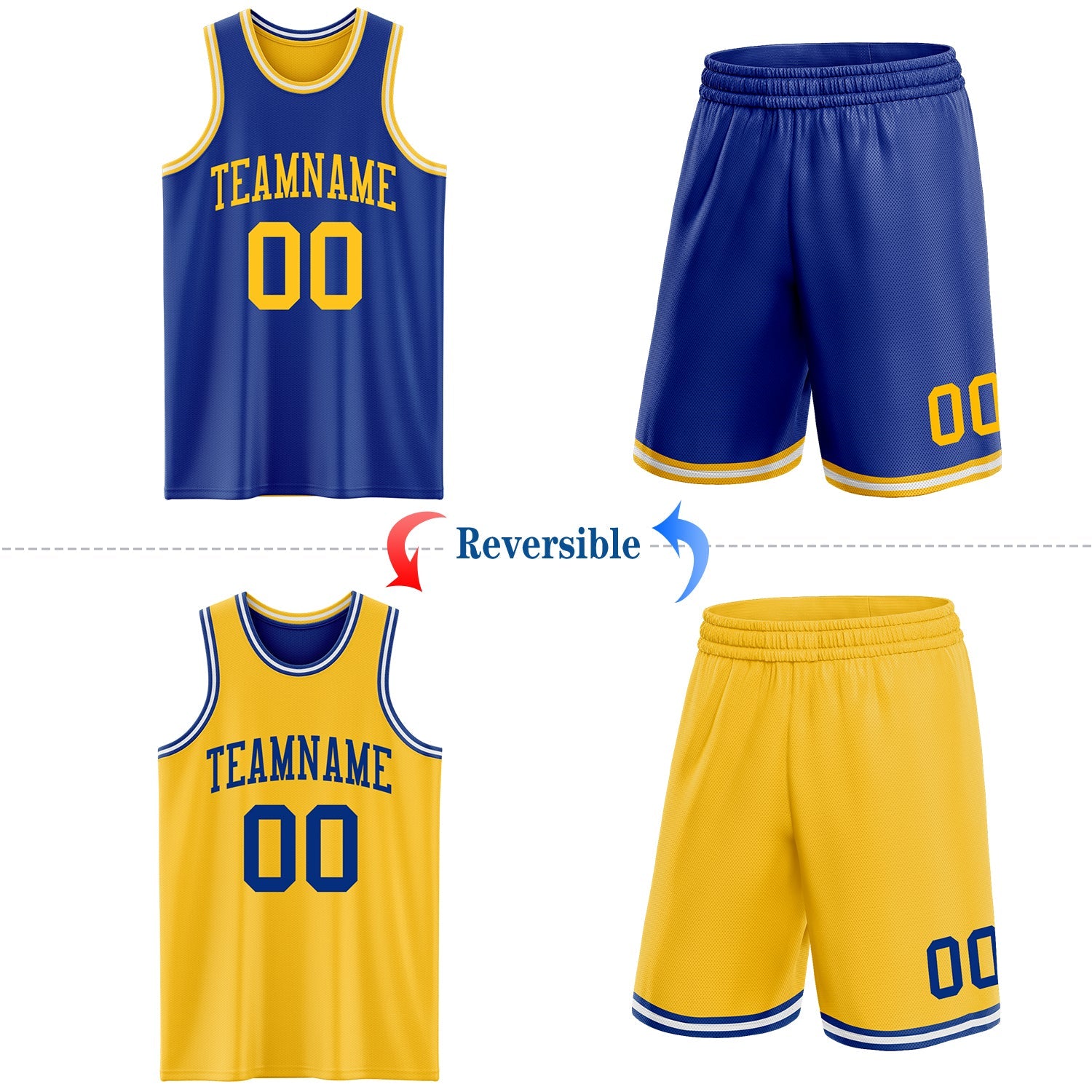 Custom Royal Gold-White Reversible Double Side Sublimation Basketball Set Jersey view 2