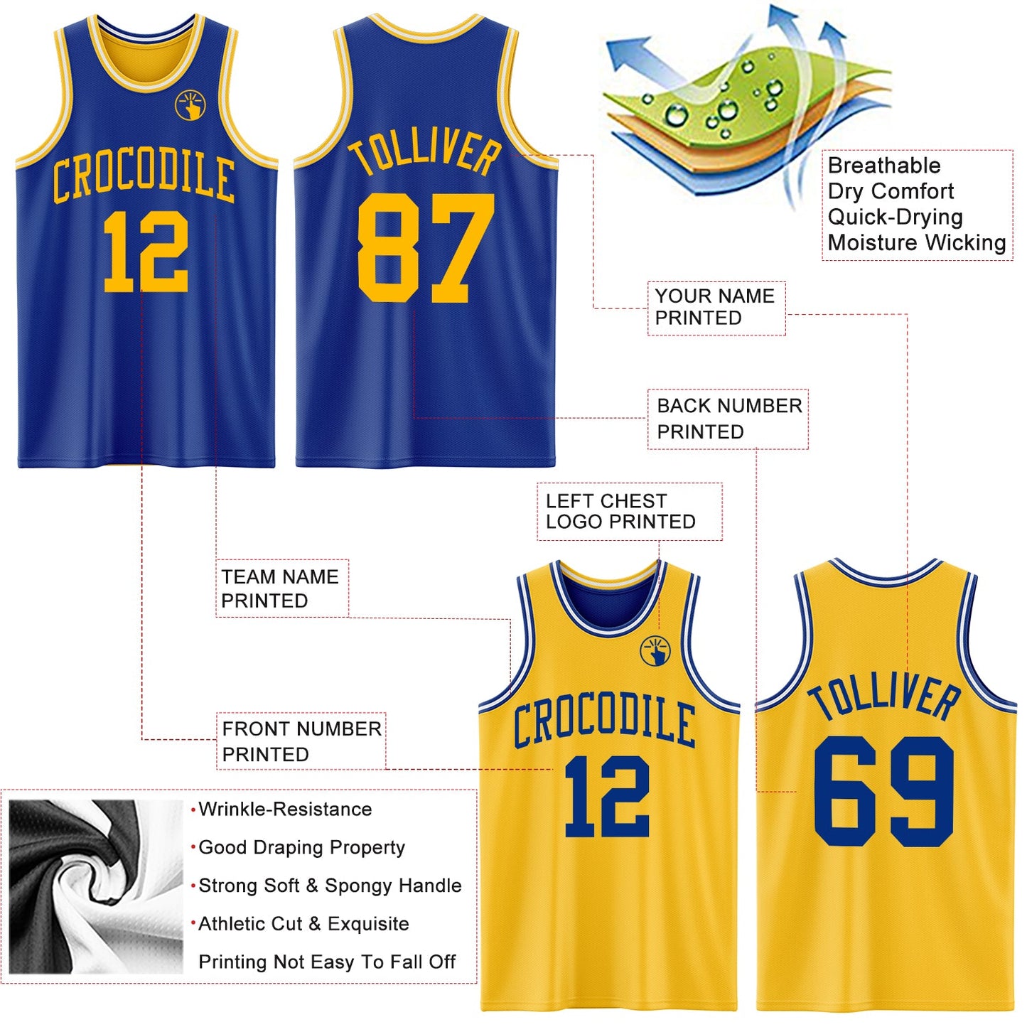 Custom Royal Gold-White Reversible Double Side Sublimation Basketball Set Jersey view 5