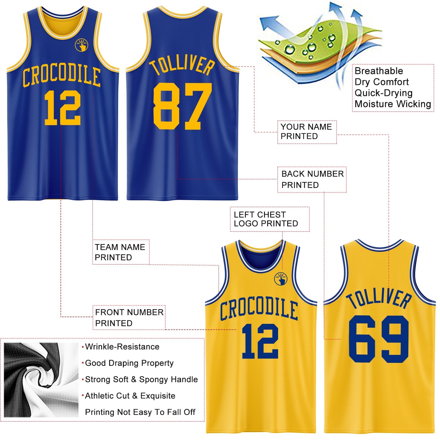 Custom Royal Gold-White Reversible Double Side Sublimation Basketball Set Jersey view 5