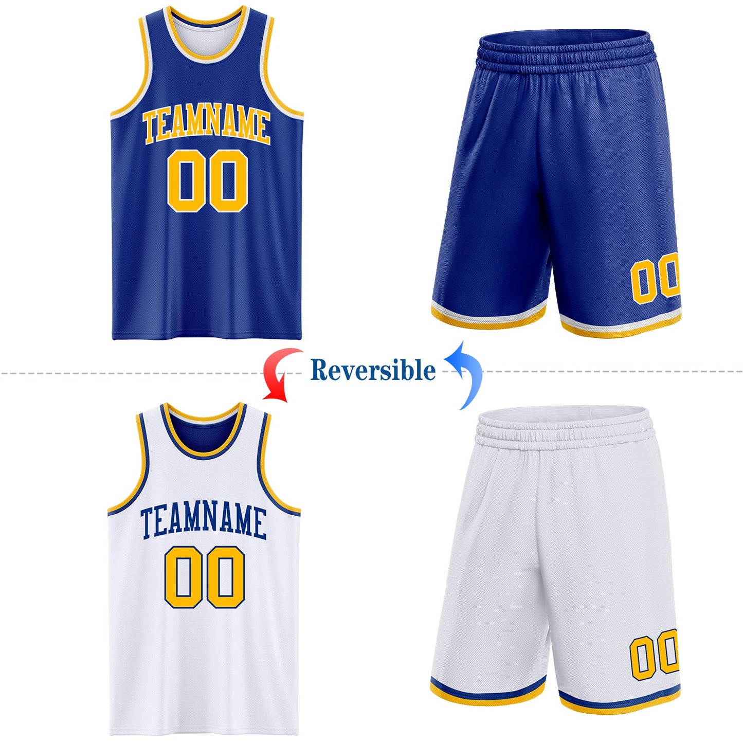 Custom Royal Gold-White Reversible Double Side Sublimation Basketball Set Jersey view 2