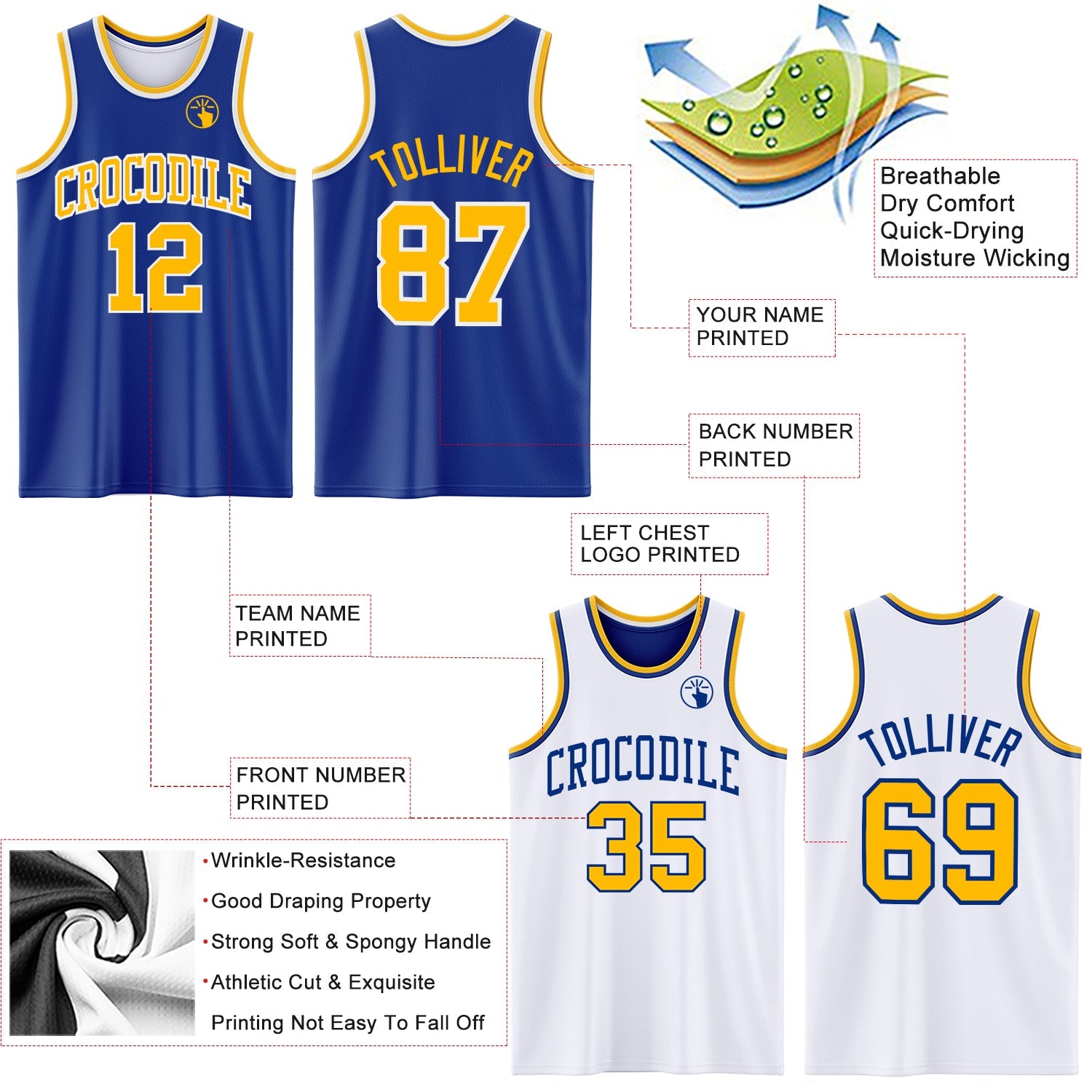 Custom Royal Gold-White Reversible Double Side Sublimation Basketball Set Jersey view 5