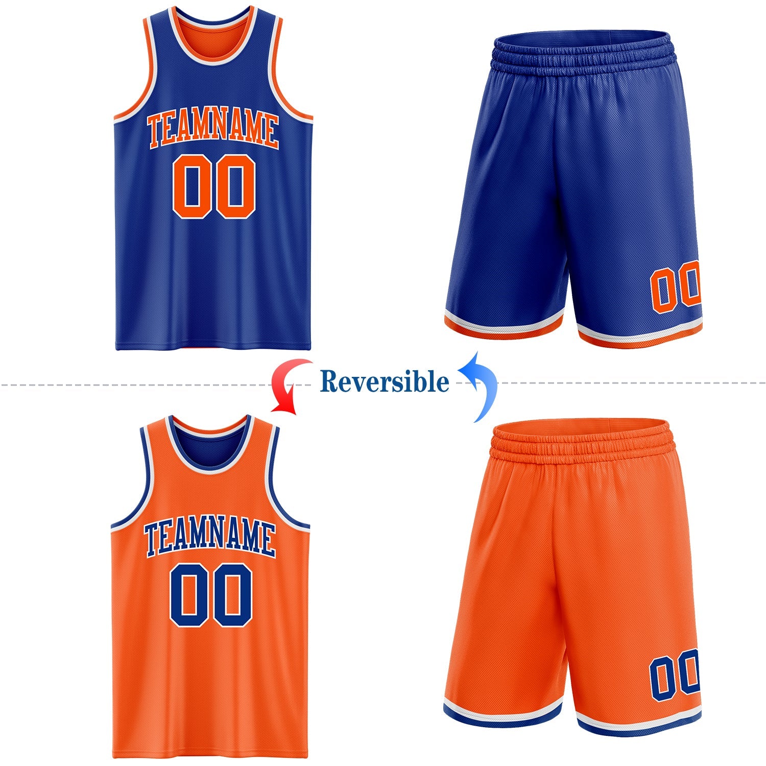 Custom Royal Orange-White Reversible Double Side Sublimation Basketball Set Jersey view 2