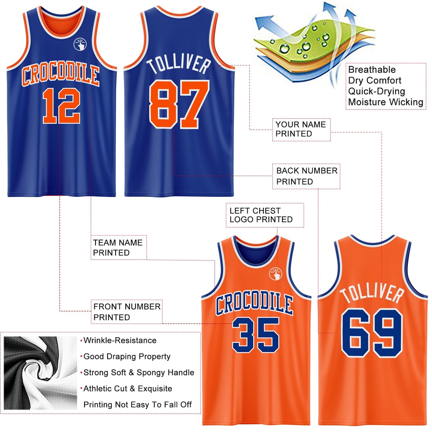 Custom Royal Orange-White Reversible Double Side Sublimation Basketball Set Jersey view 5