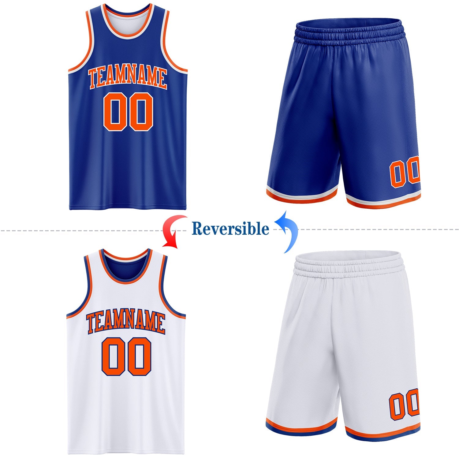 Custom Royal Orange-White Reversible Double Side Sublimation Basketball Set Jersey view 2