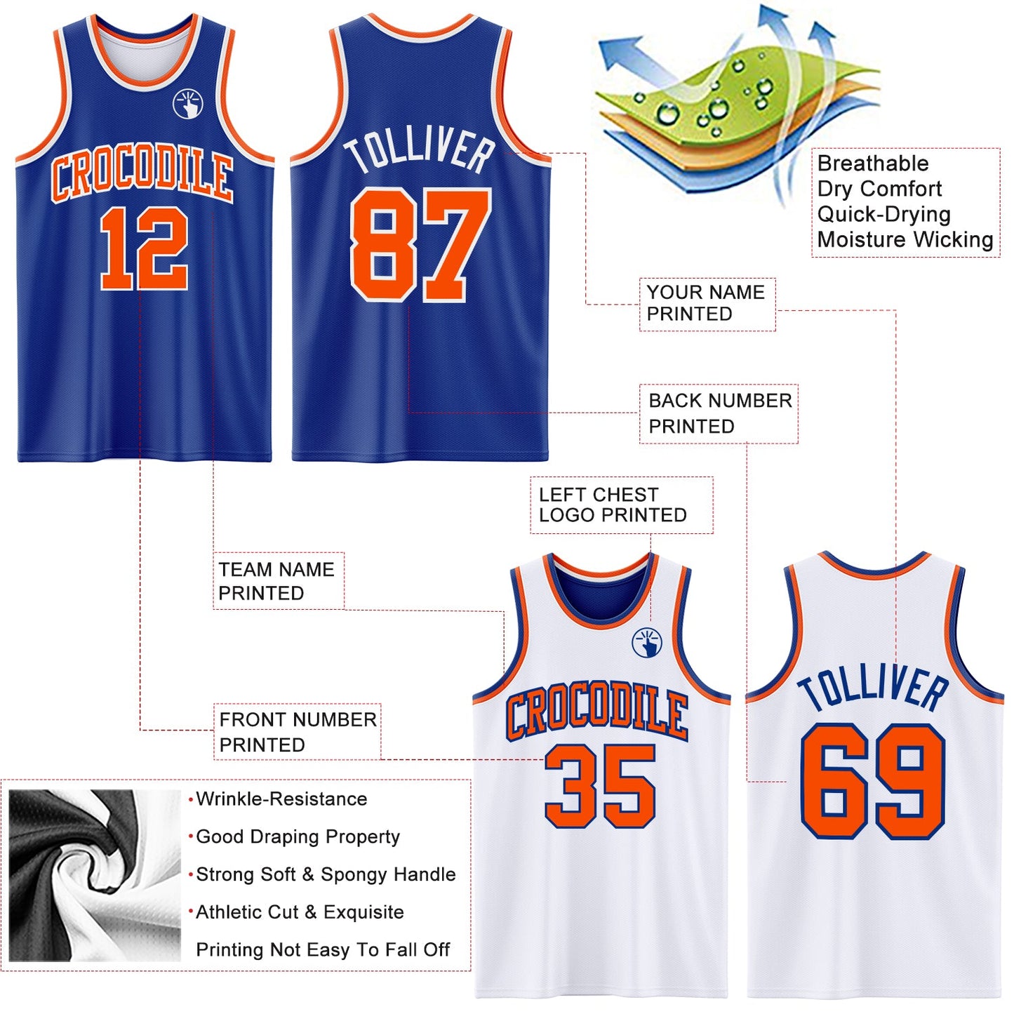 Custom Royal Orange-White Reversible Double Side Sublimation Basketball Set Jersey view 5