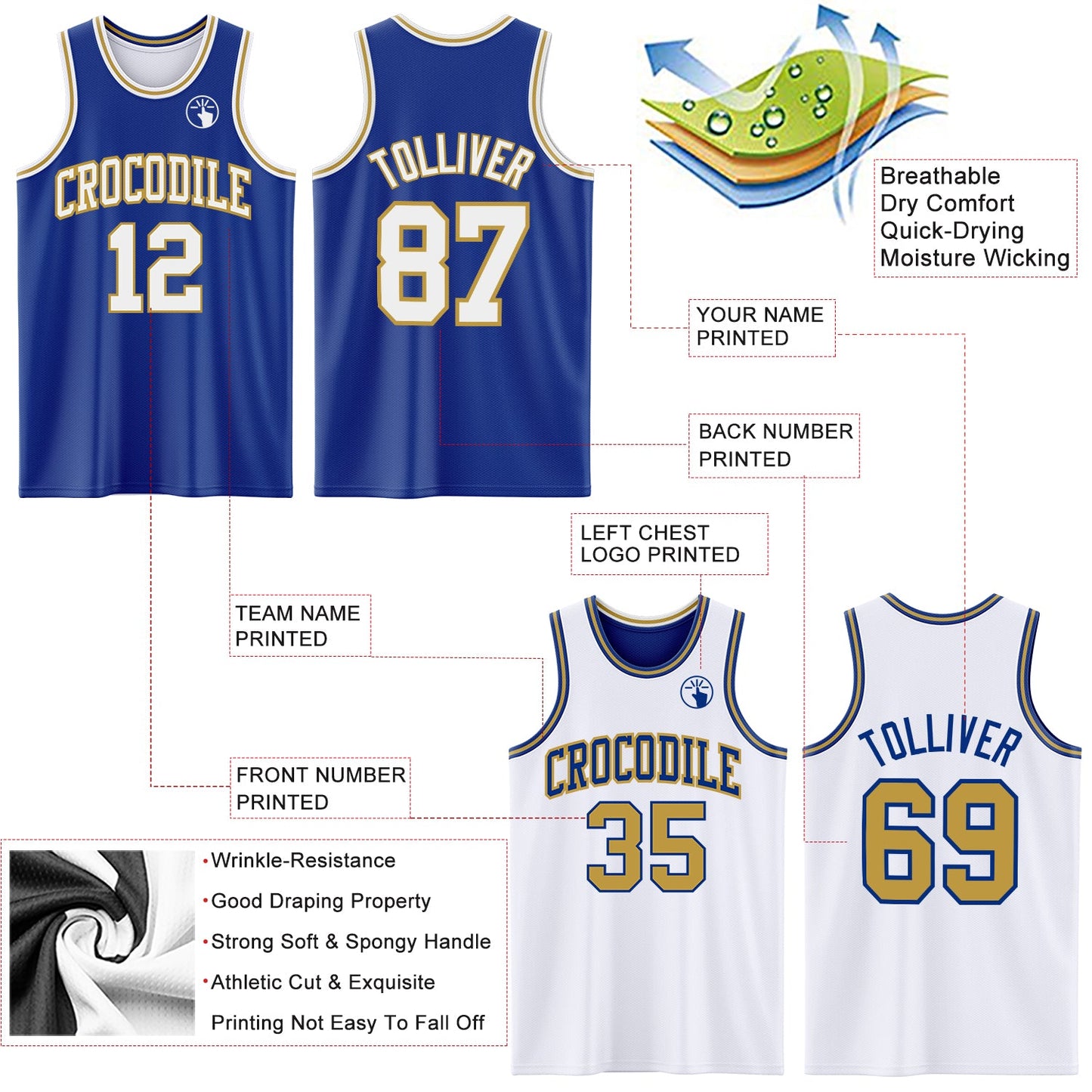 Custom Royal White-Old Gold Reversible Double Side Sublimation Basketball Set Jersey view 5
