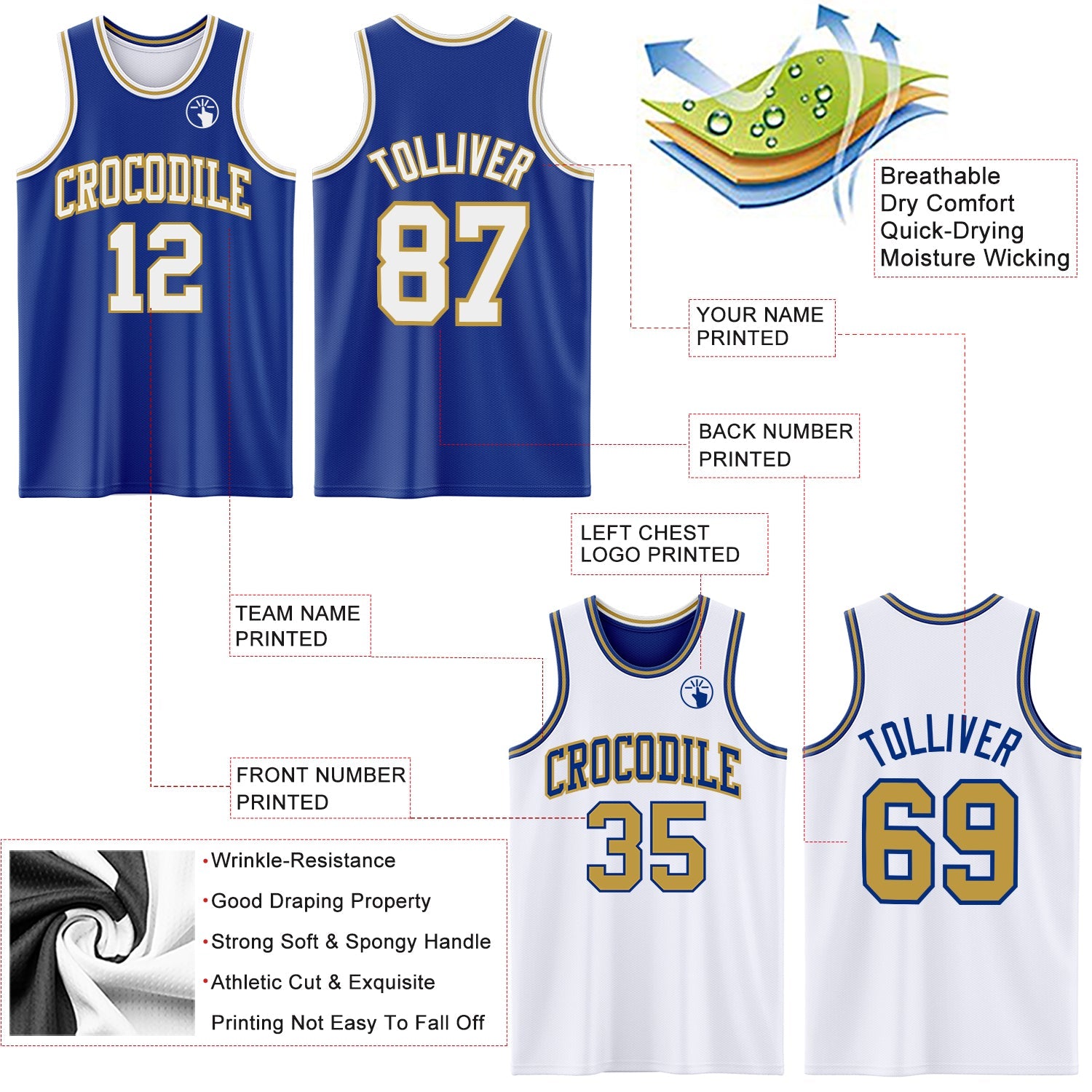 Custom Royal White-Old Gold Reversible Double Side Sublimation Basketball Set Jersey view 5