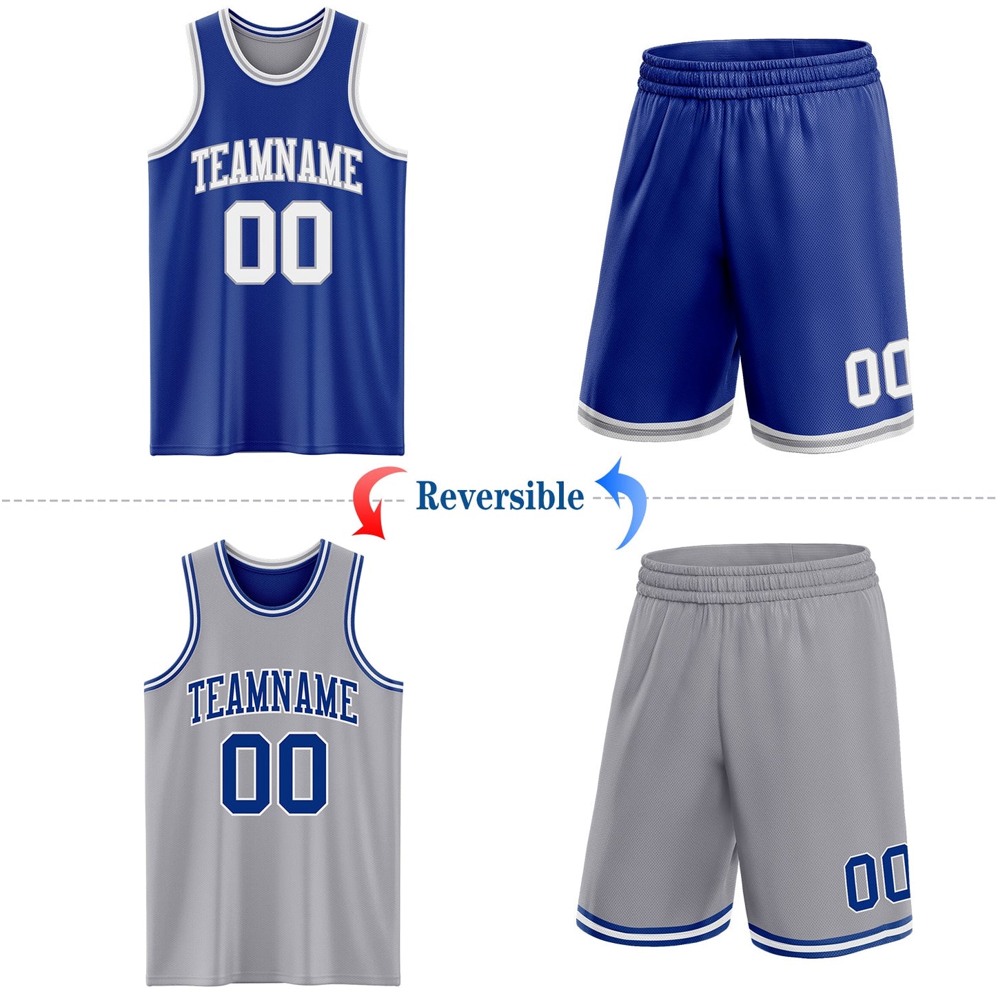 Custom Royal White-Gray Reversible Double Side Sublimation Basketball Set Jersey view 2