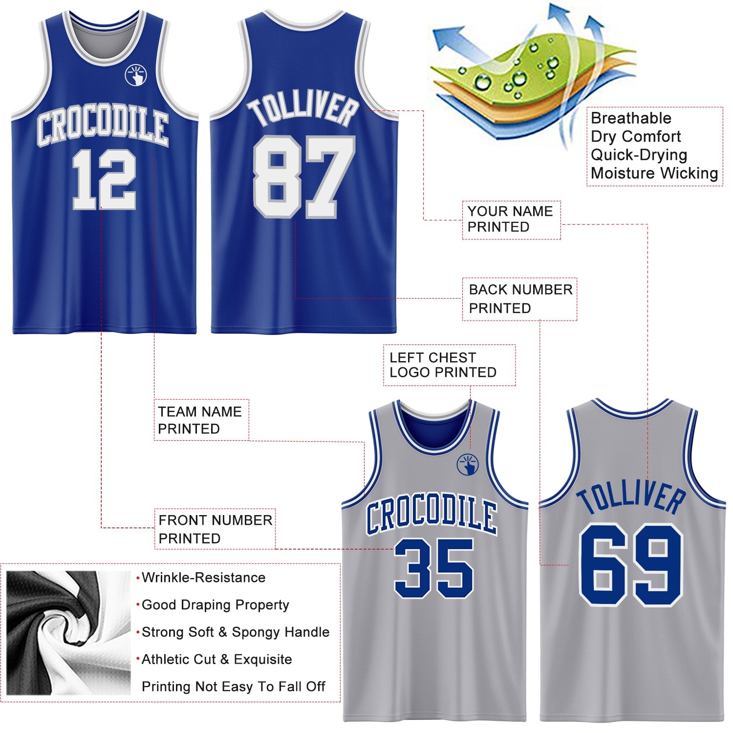 Custom Royal White-Gray Reversible Double Side Sublimation Basketball Set Jersey view 5