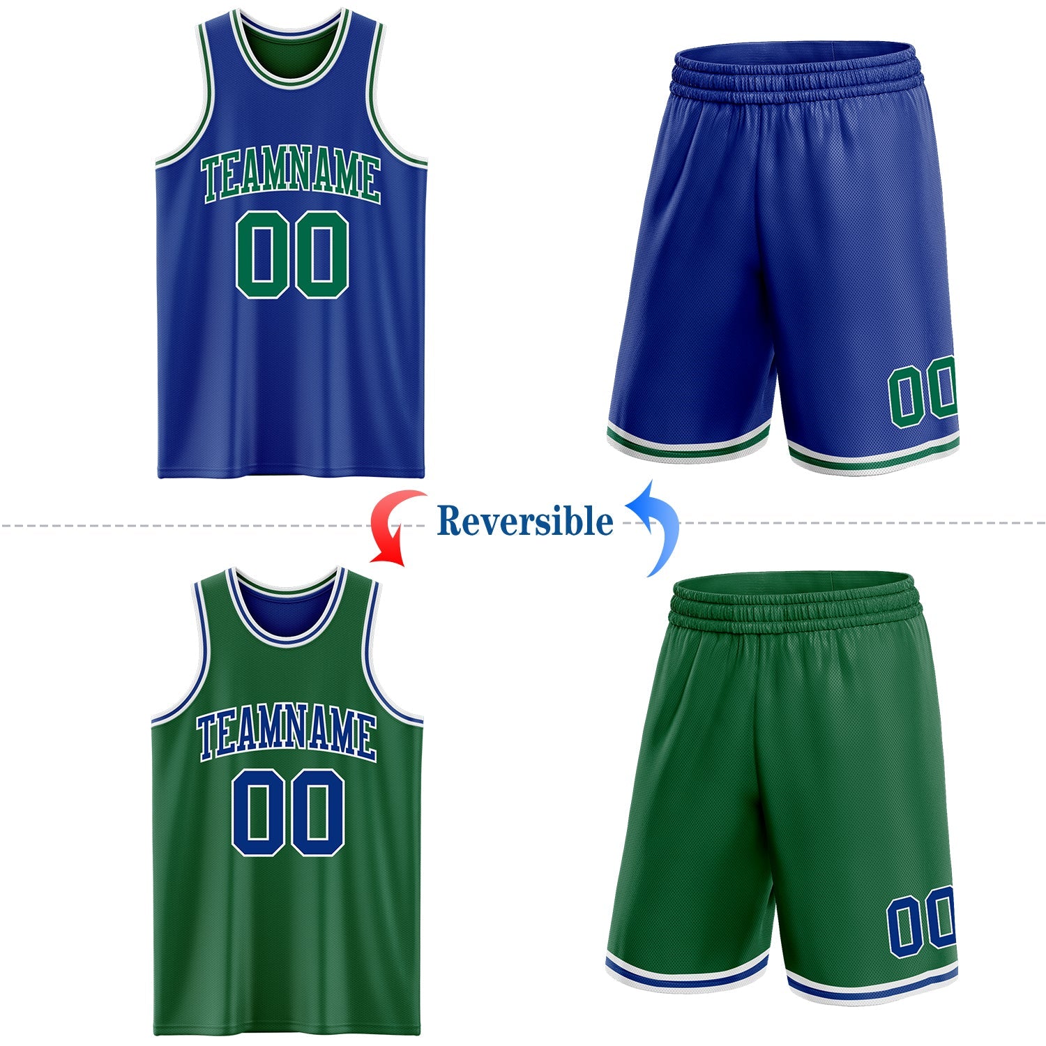 Custom Royal Kelly Green-White Reversible Double Side Sublimation Basketball Set Jersey view 2