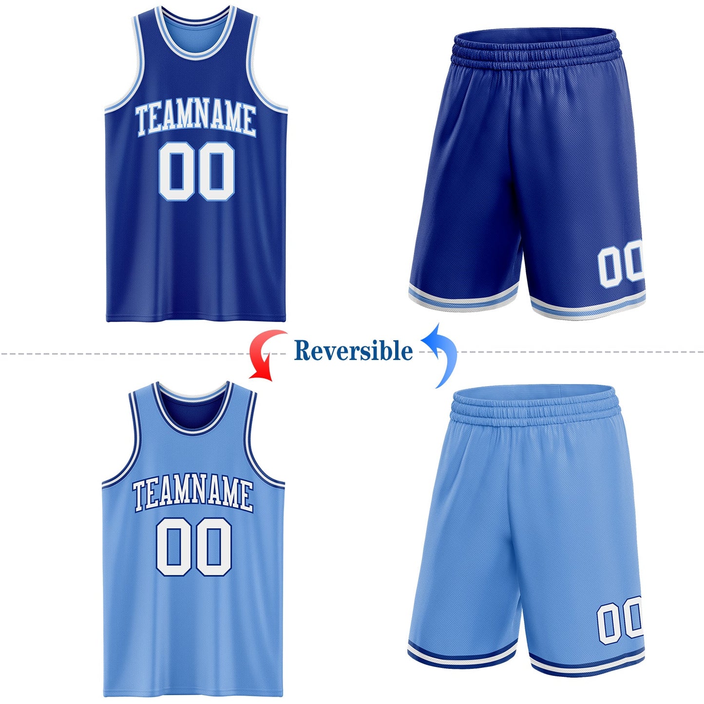 Custom Royal White-Light Blue Reversible Double Side Sublimation Basketball Set Jersey view 2