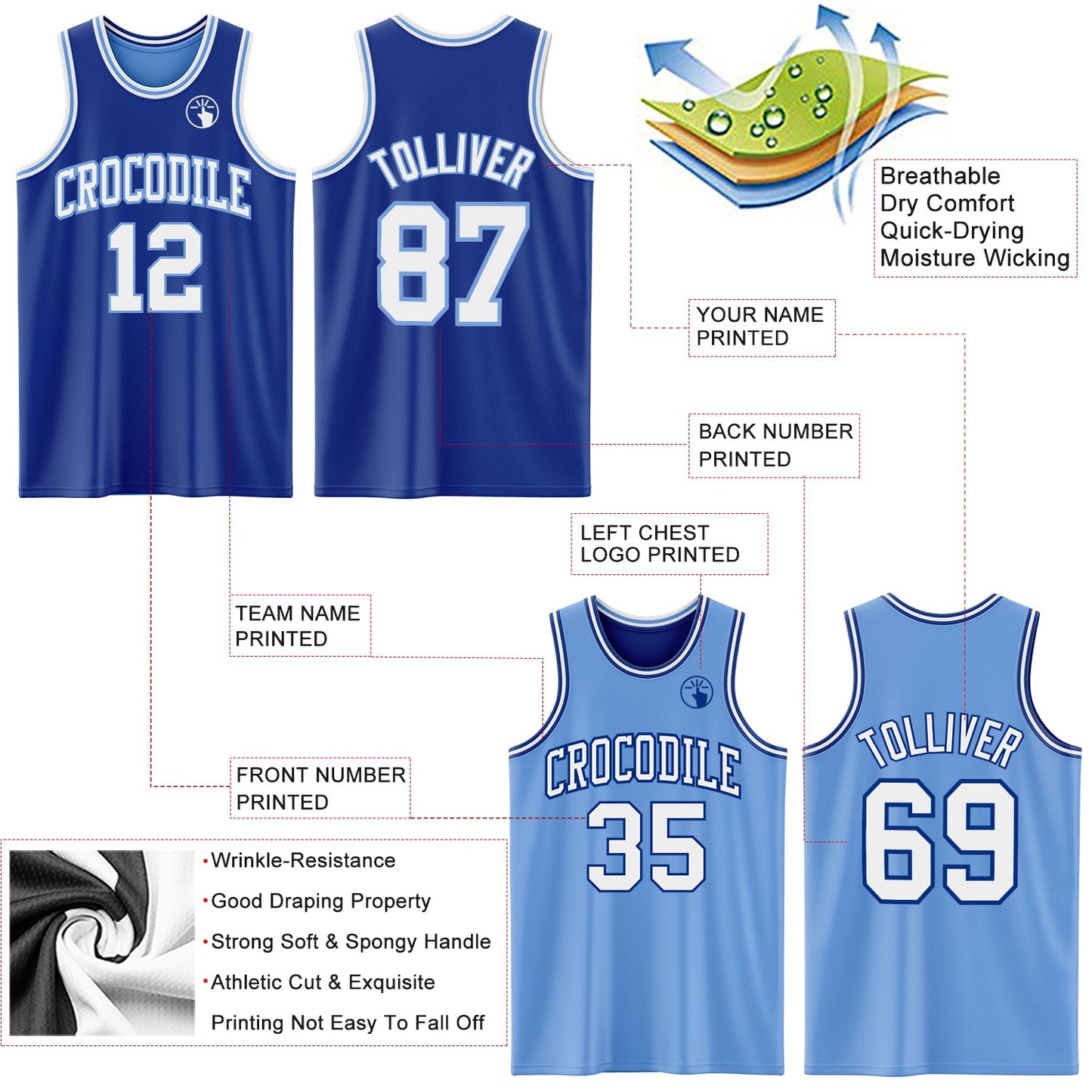 Custom Royal White-Light Blue Reversible Double Side Sublimation Basketball Set Jersey view 5