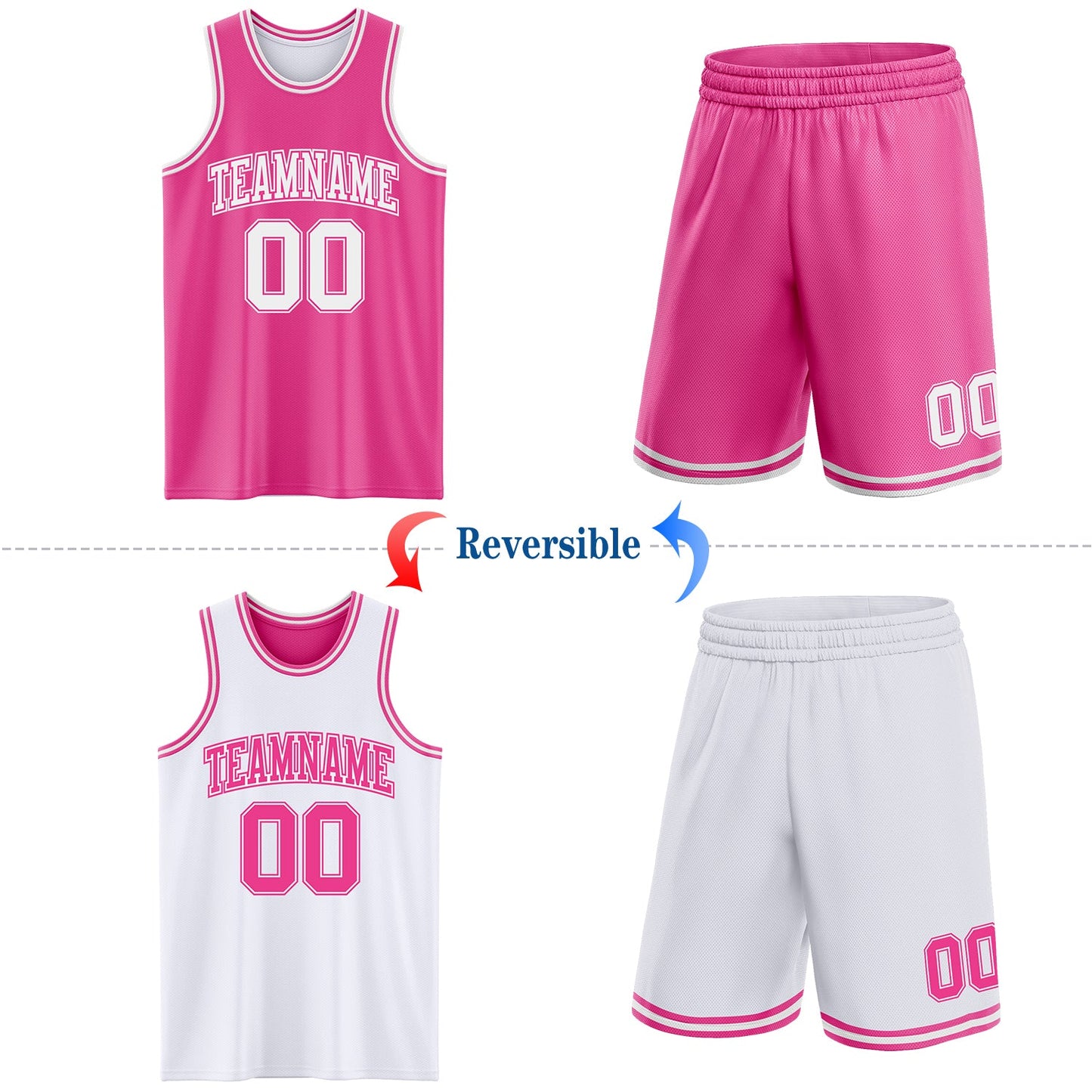 Custom Pink White Reversible Double Side Sublimation Basketball Set Jersey view 2