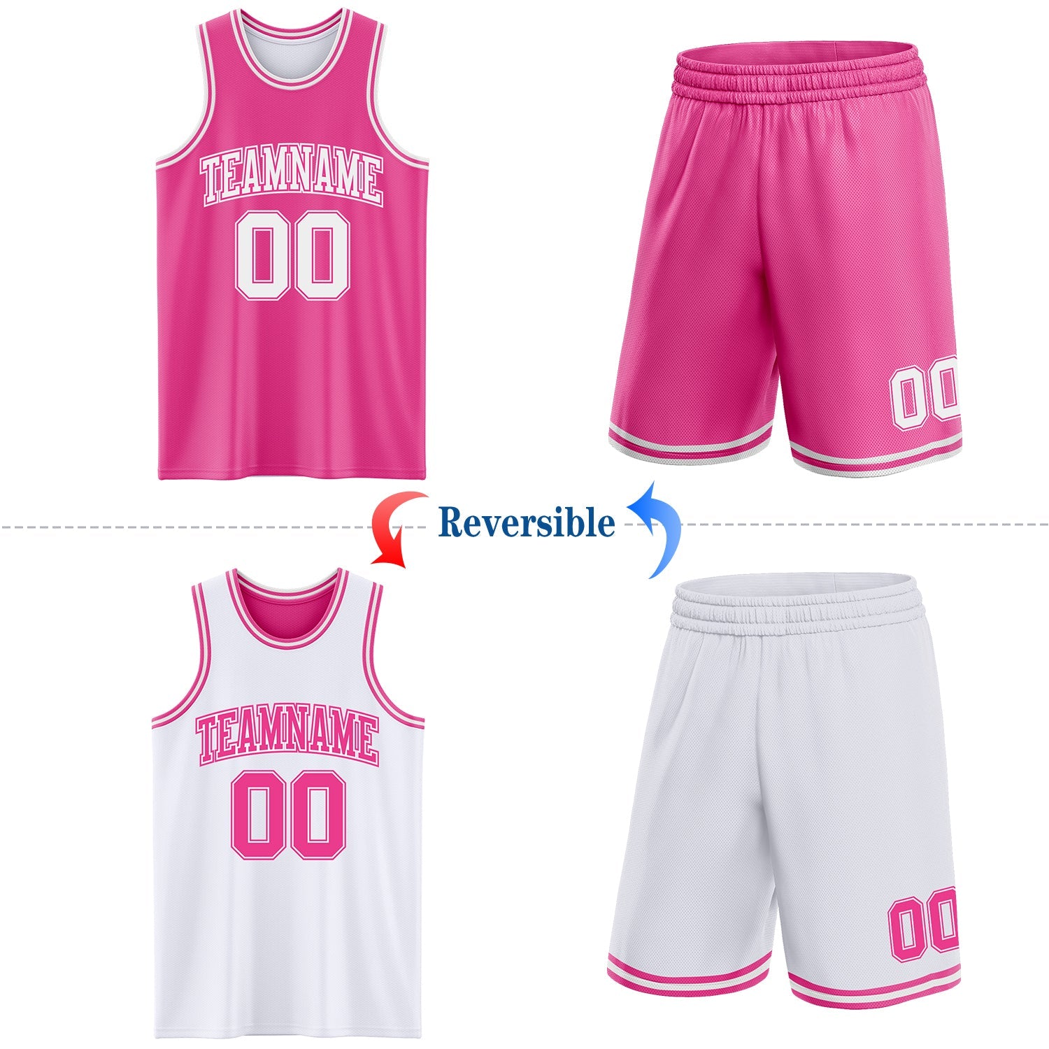 Custom Pink White Reversible Double Side Sublimation Basketball Set Jersey view 2