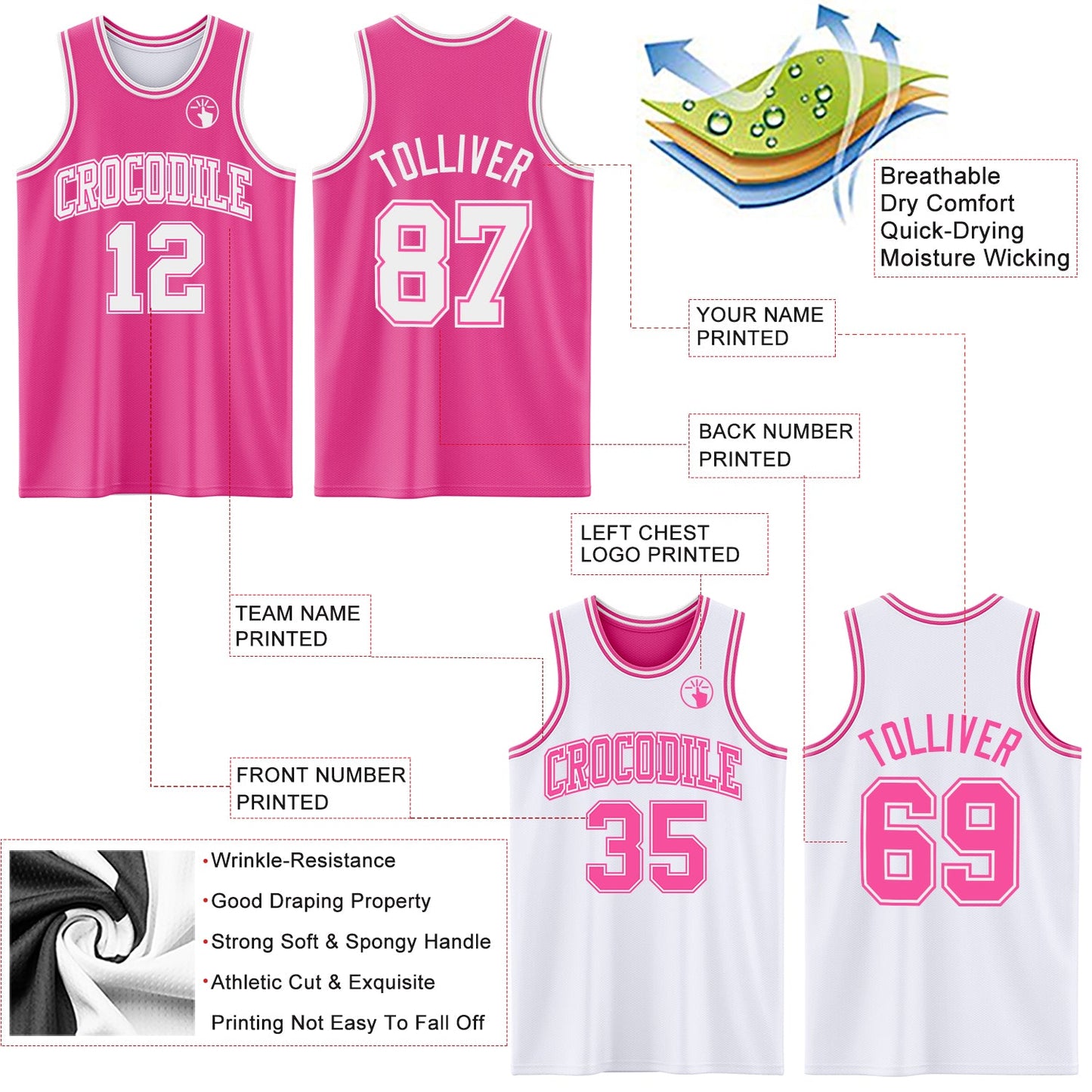 Custom Pink White Reversible Double Side Sublimation Basketball Set Jersey view 5