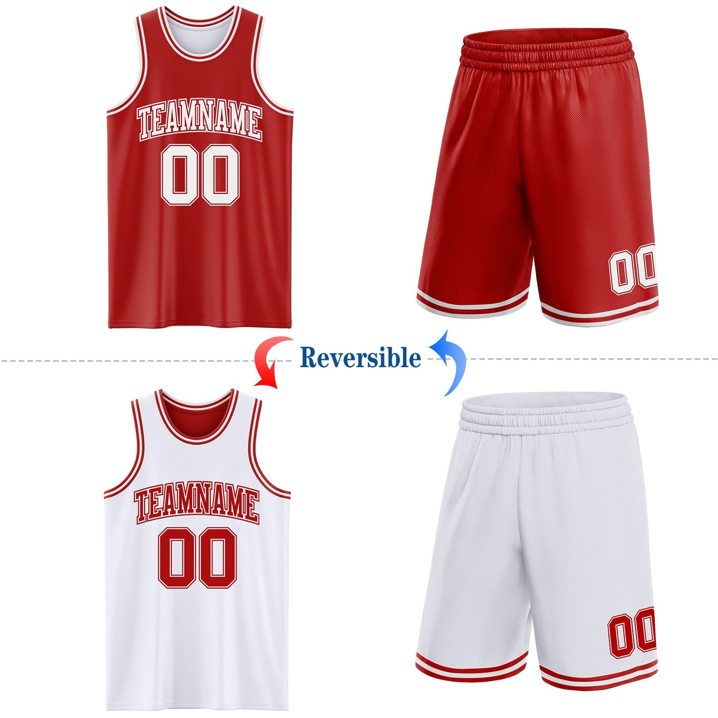 Custom Red White Reversible Double Side Sublimation Basketball Set Jersey view 2