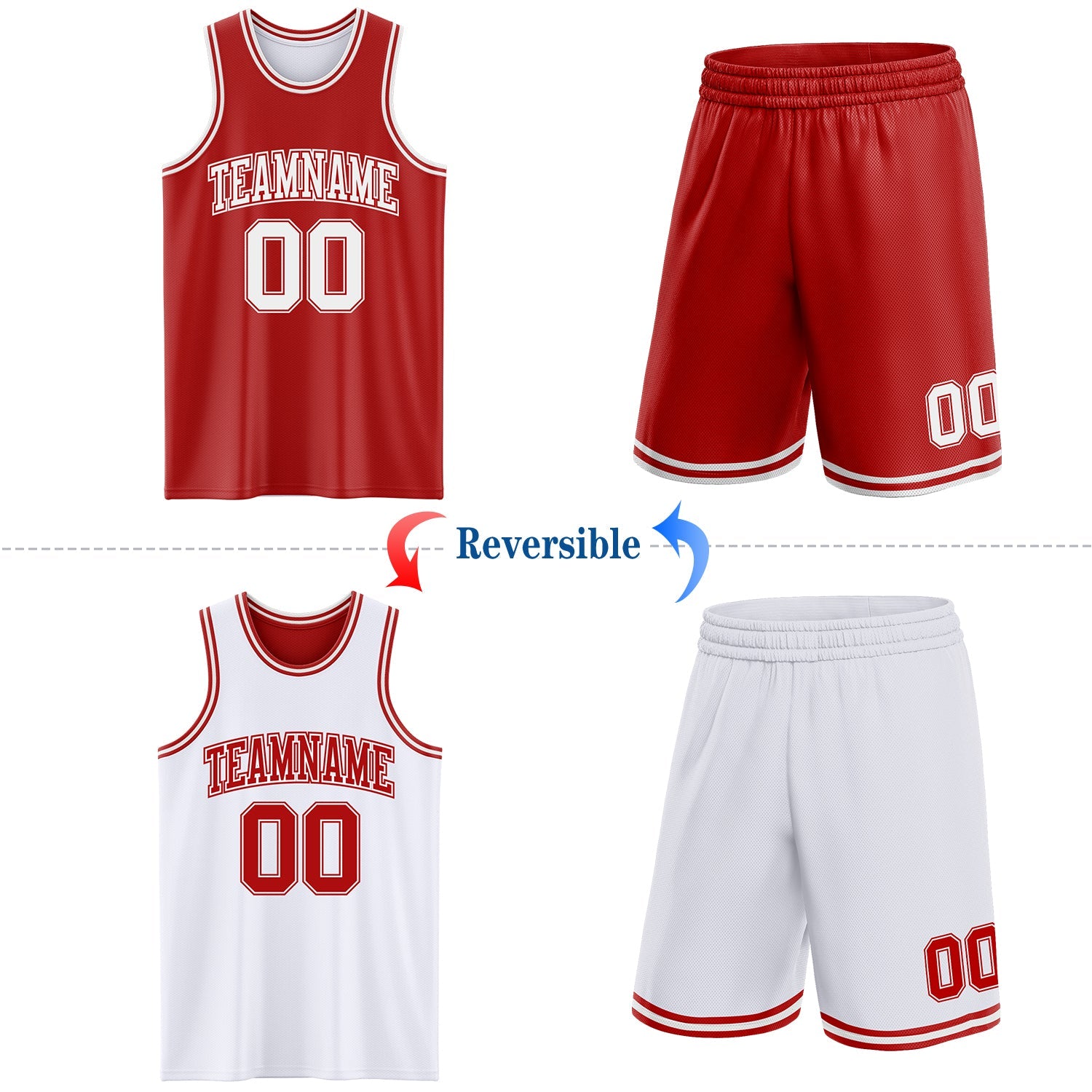Custom Red White Reversible Double Side Sublimation Basketball Set Jersey view 2