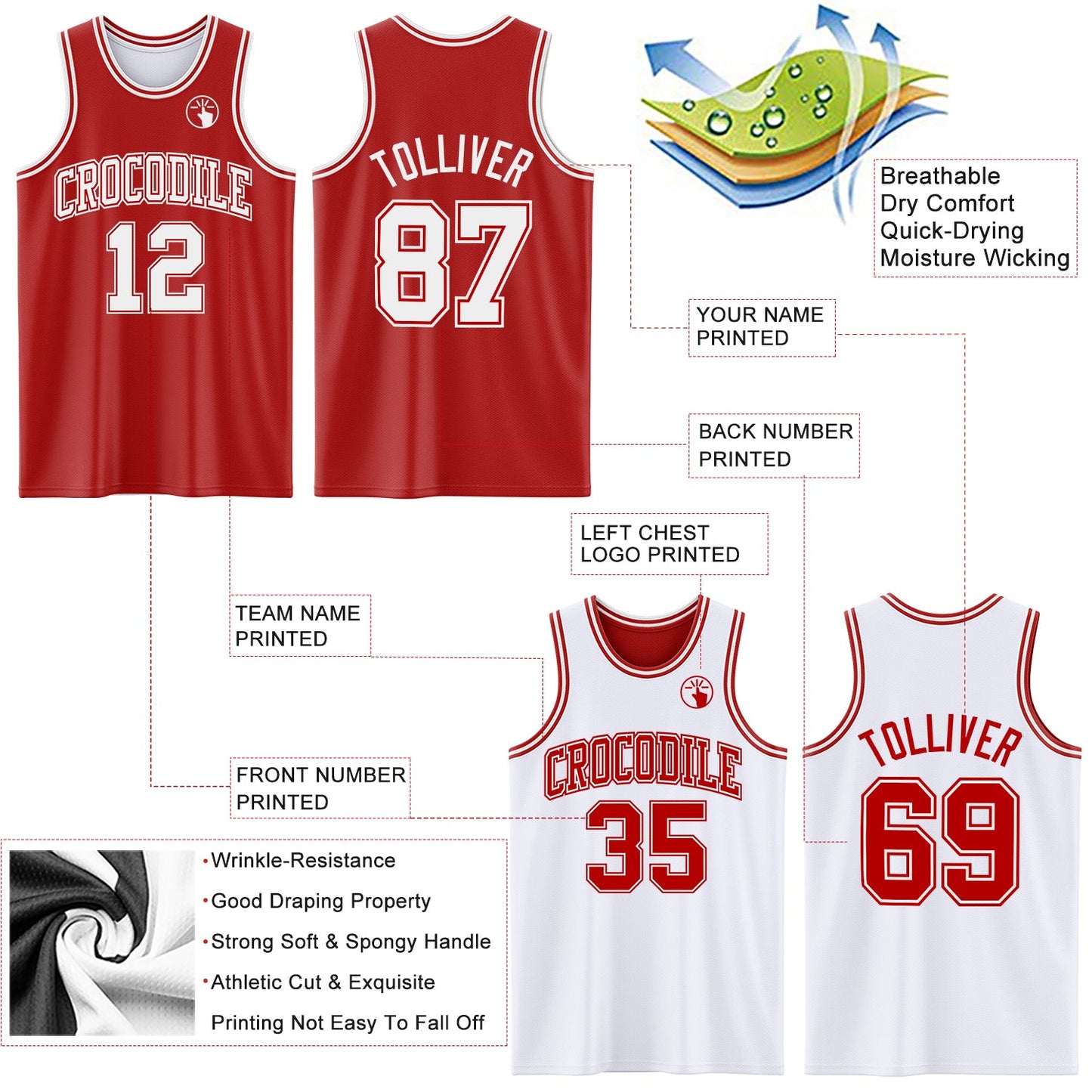 Custom Red White Reversible Double Side Sublimation Basketball Set Jersey view 5