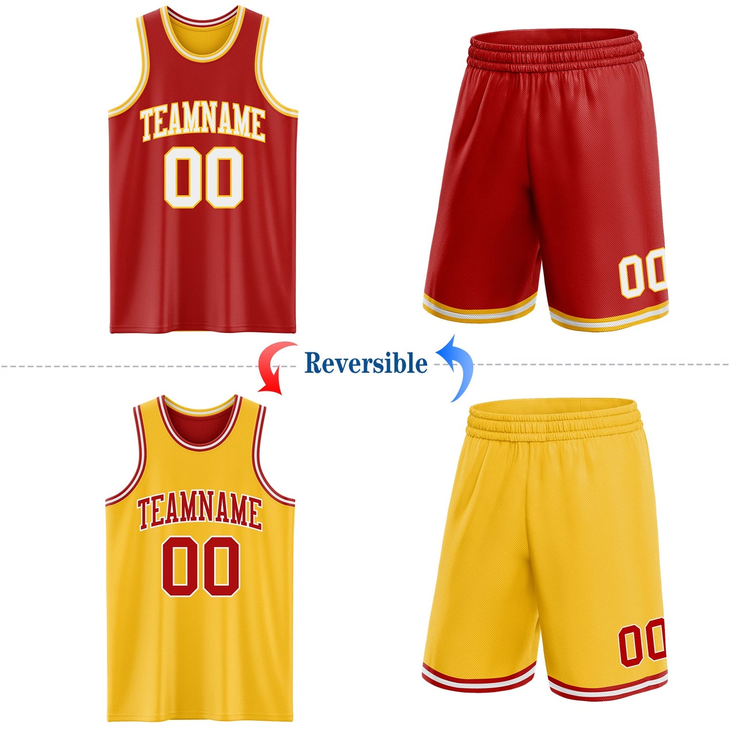 Custom Red White-Gold Reversible Double Side Sublimation Basketball Set Jersey view 2