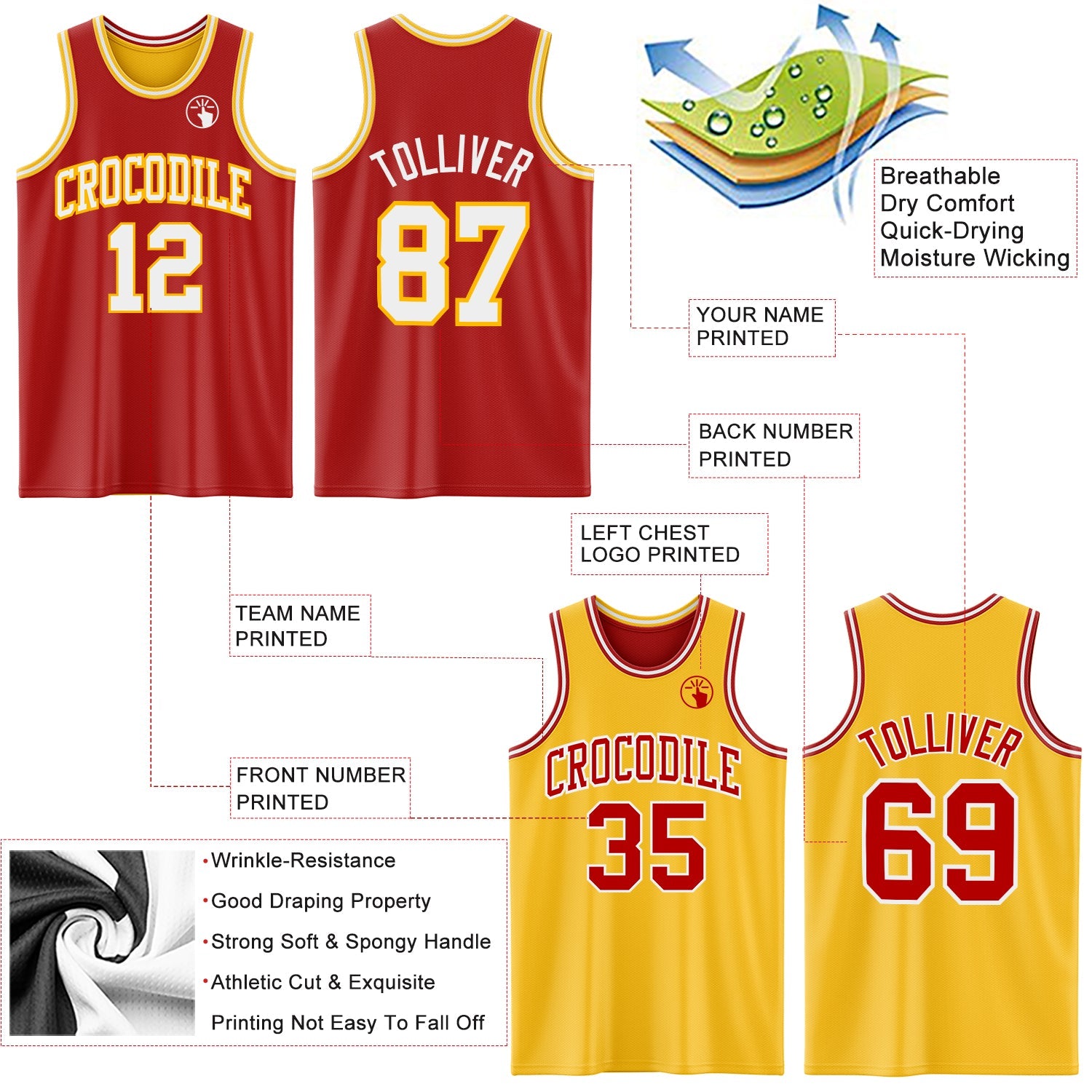 Custom Red White-Gold Reversible Double Side Sublimation Basketball Set Jersey view 5