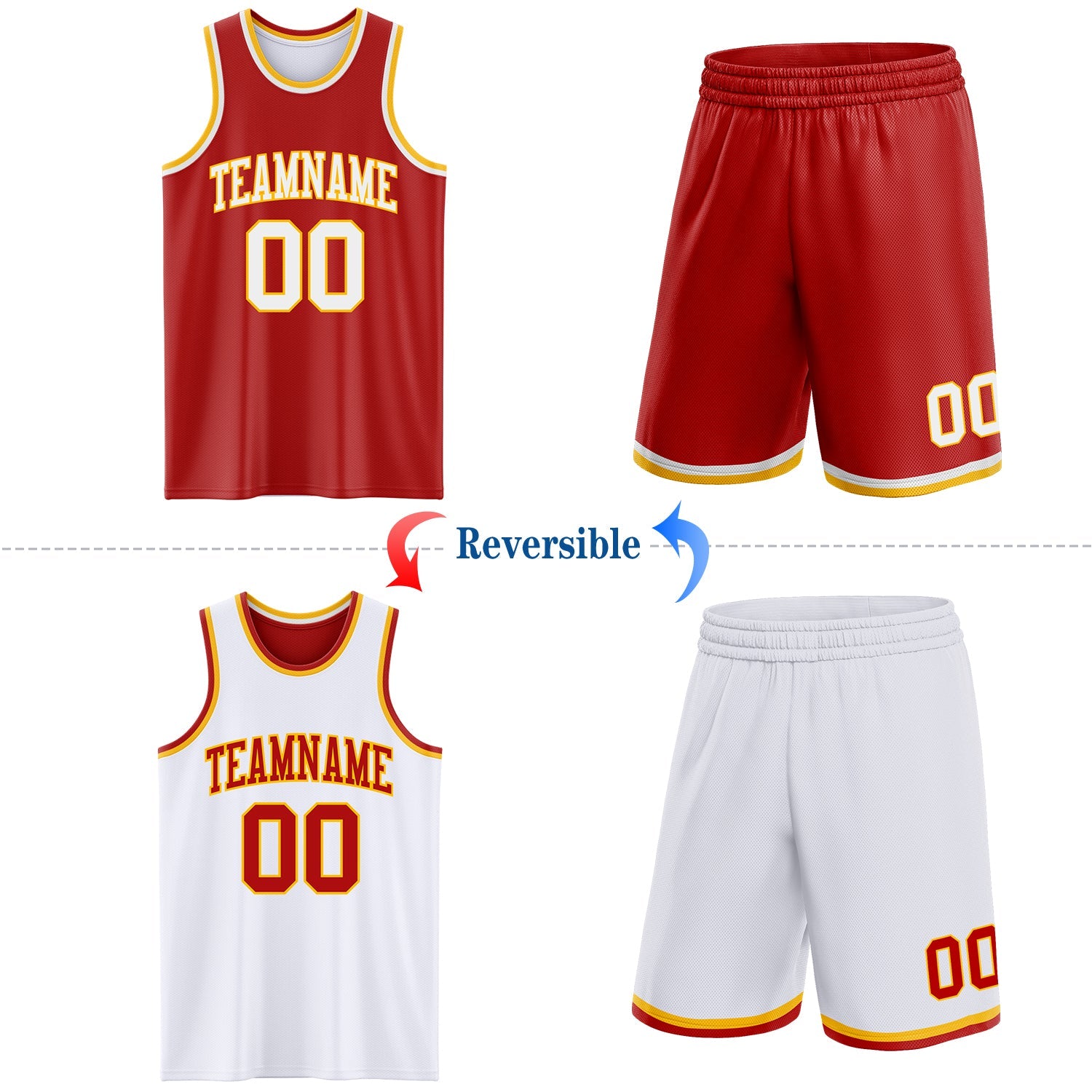 Custom Red White-Gold Reversible Double Side Sublimation Basketball Set Jersey view 2