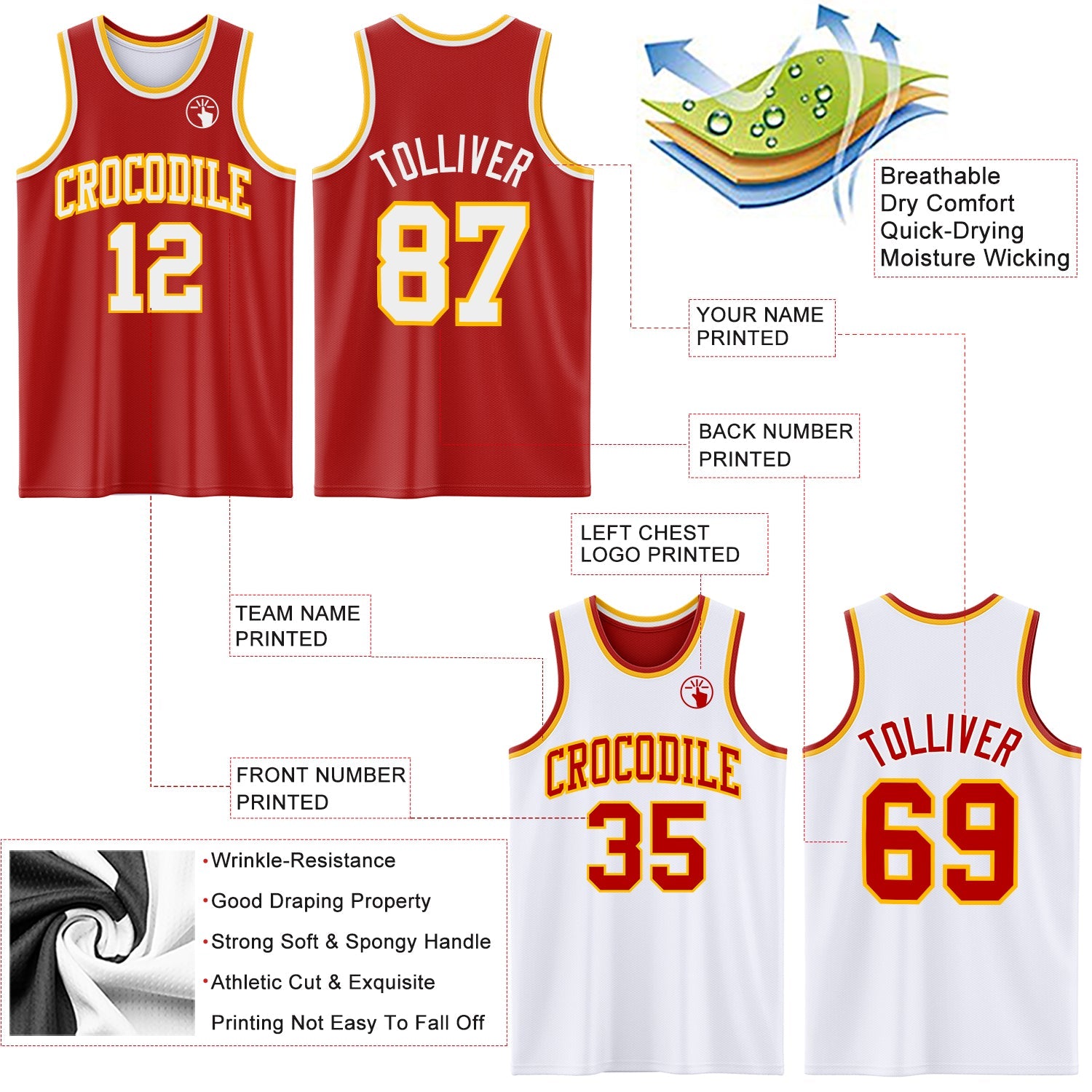 Custom Red White-Gold Reversible Double Side Sublimation Basketball Set Jersey view 5