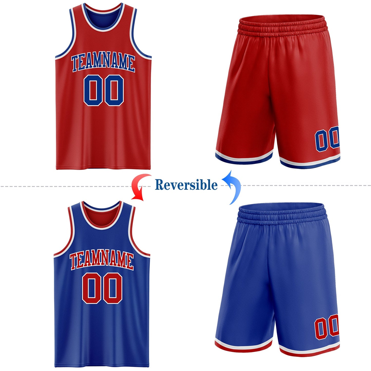 Custom Red Royal-White Reversible Double Side Sublimation Basketball Set Jersey view 2