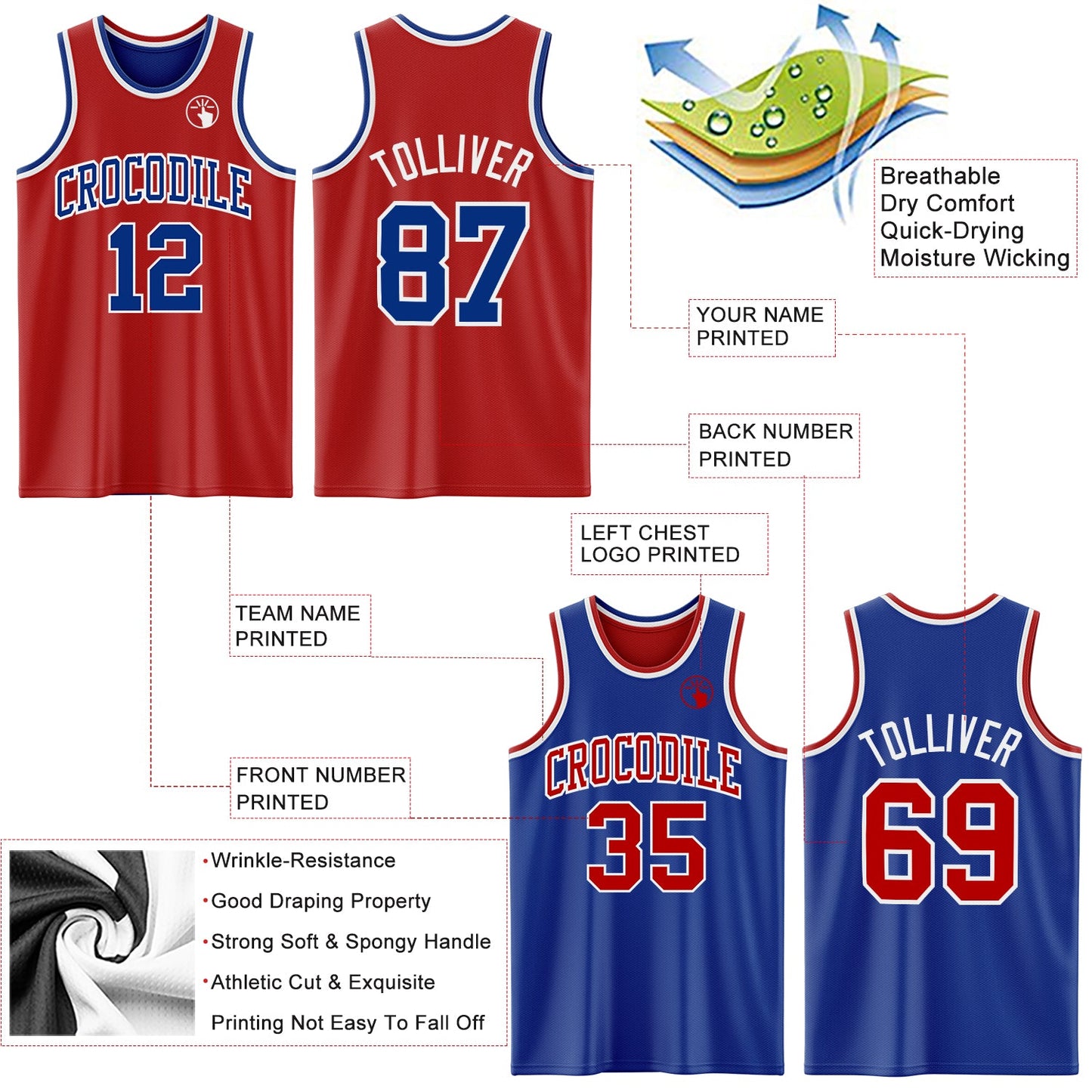 Custom Red Royal-White Reversible Double Side Sublimation Basketball Set Jersey view 5