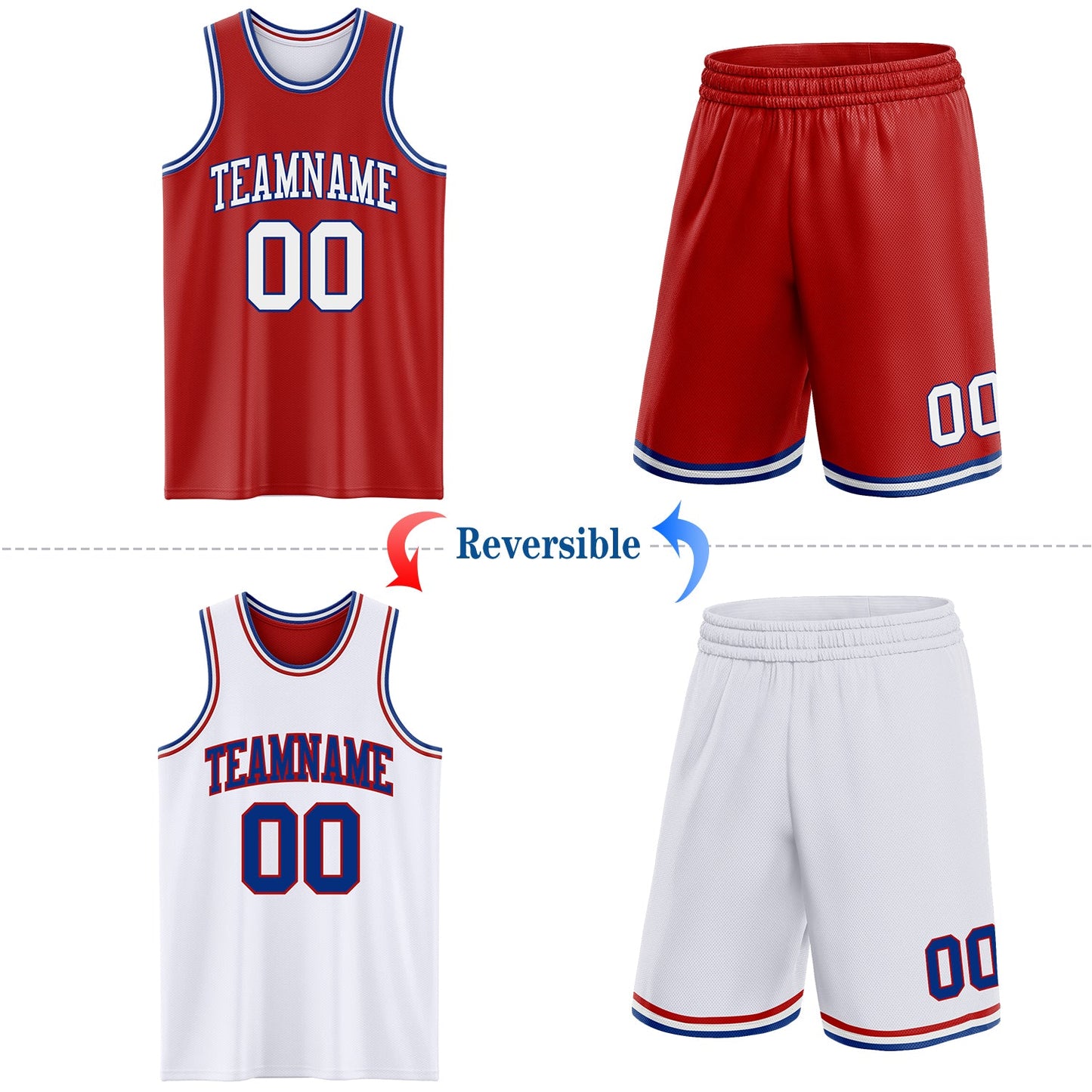 Custom Red White-Royal Reversible Double Side Sublimation Basketball Set Jersey view 2