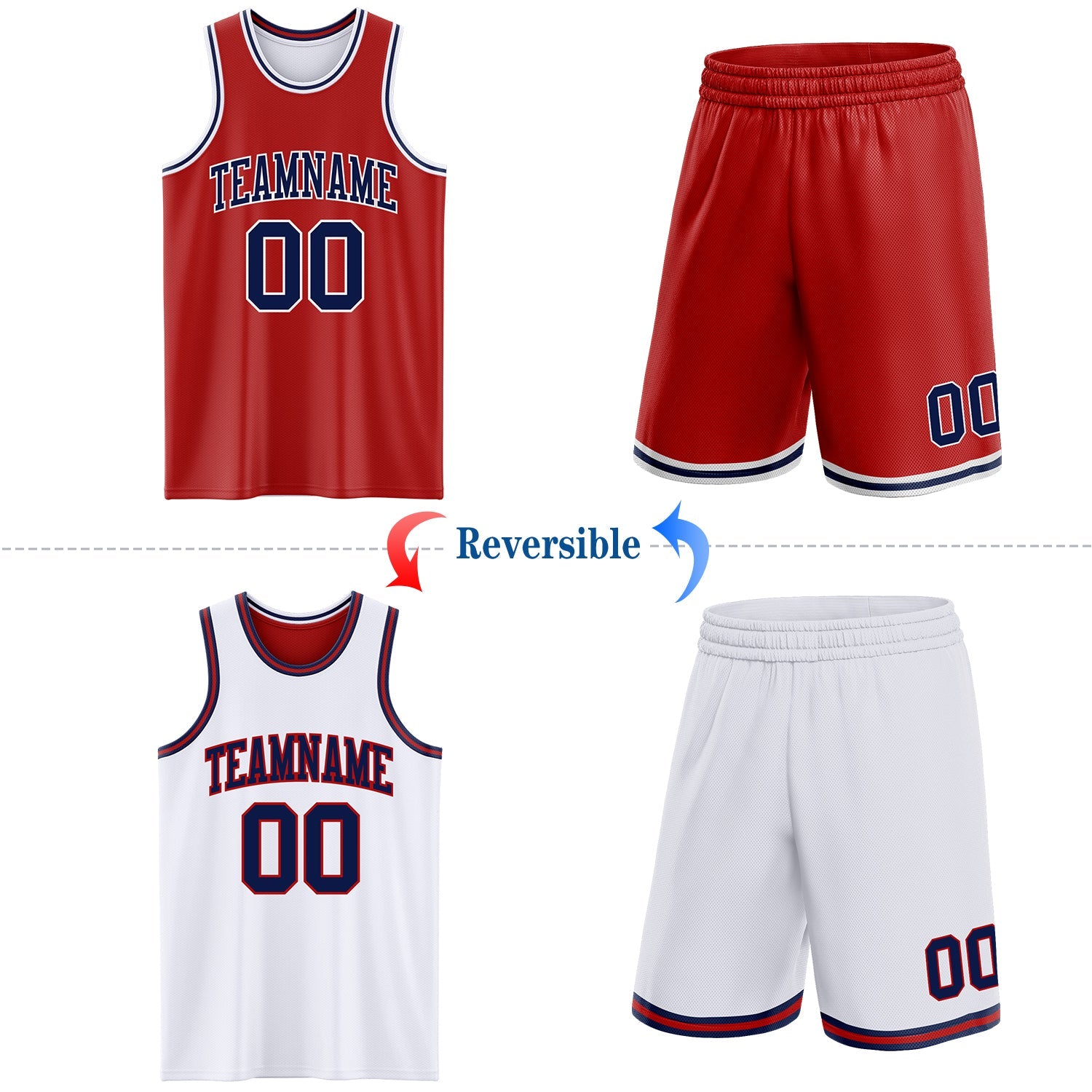 Custom Red Navy-White Reversible Double Side Sublimation Basketball Set Jersey view 2